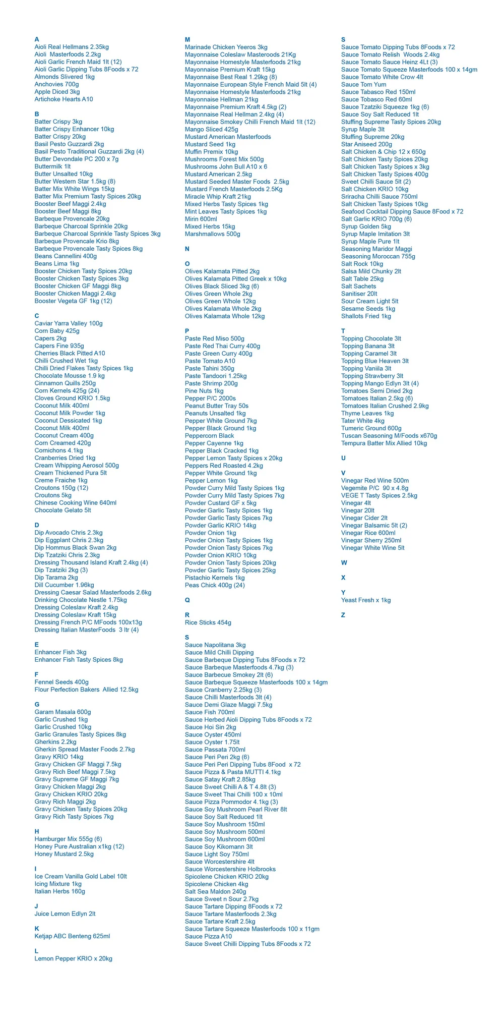 Sub Condiment List Sauces & Condiments — Calderfoods