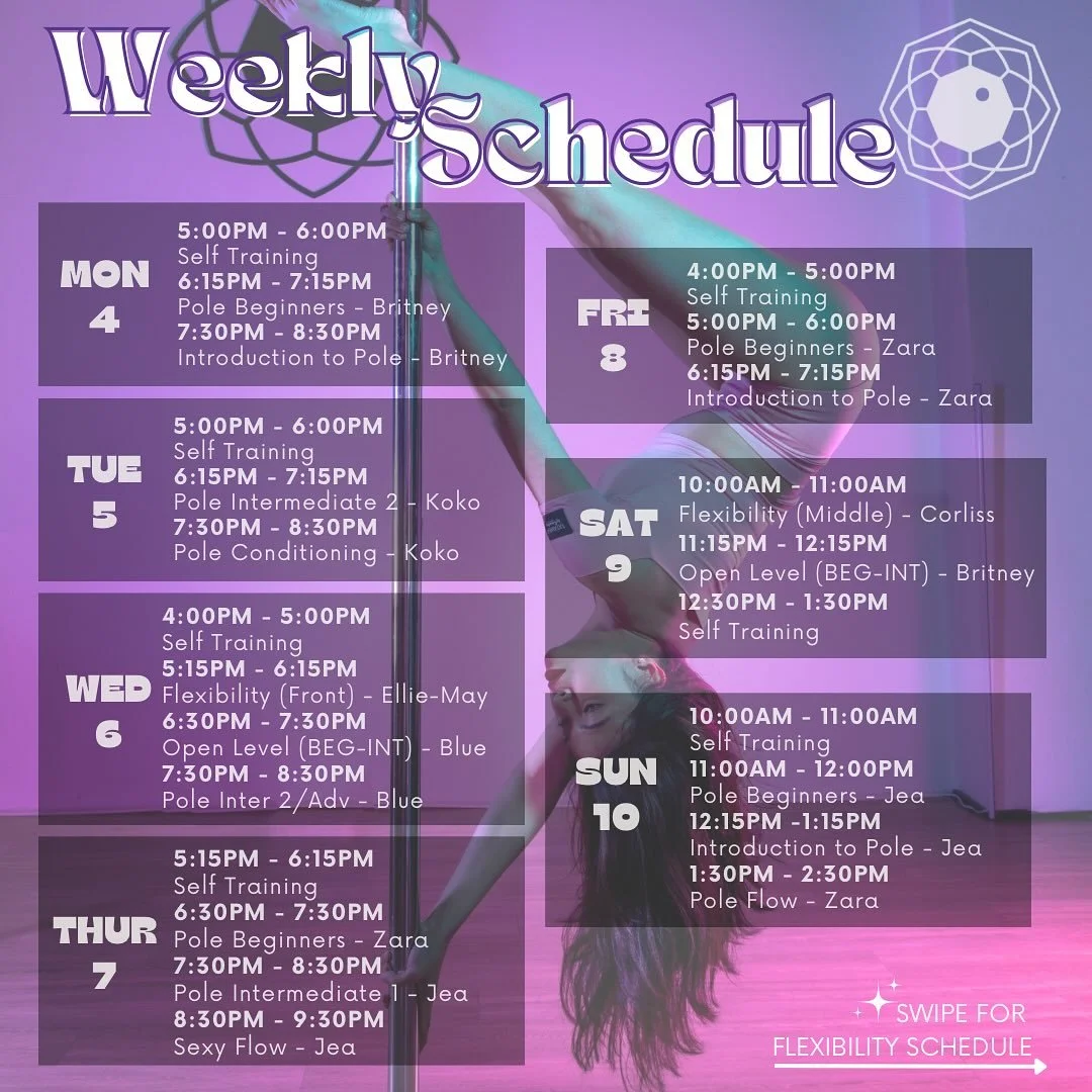 📣 This week&rsquo;s schedule and August flexibility schedules ‼️

Book now via Gym Master or our website! 

#pole #poledance #poledancenation #poleflow #polesport #polefitness #polelove #polelife #auckland #nz #thingstodoinauckland #flexibility #fle