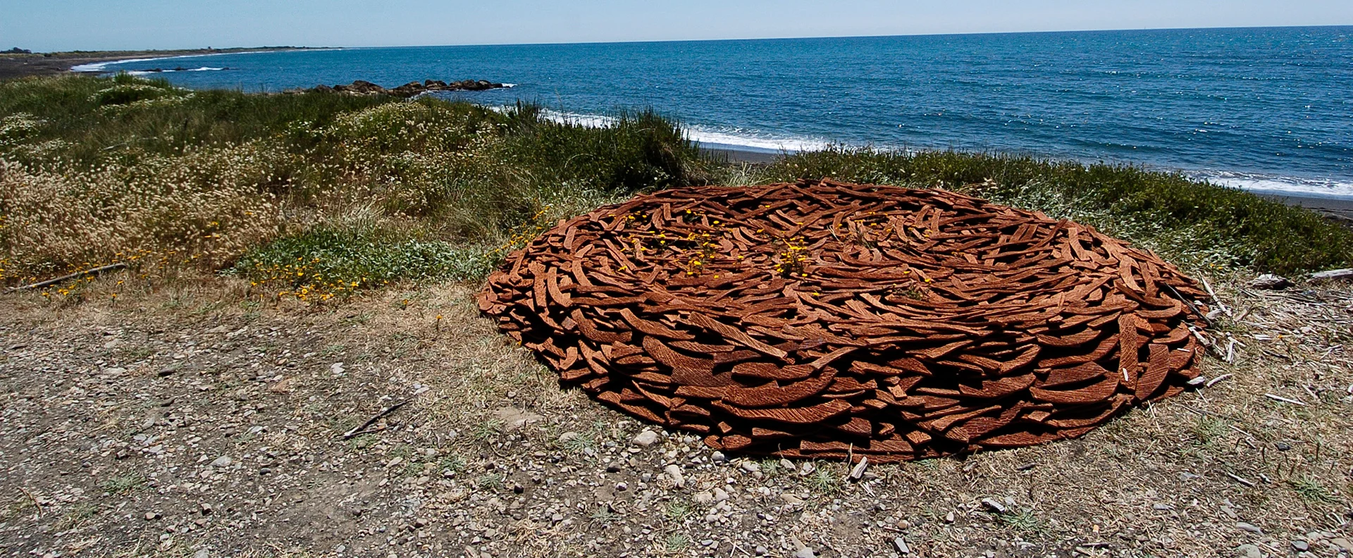 La scultura, che ricorda la forma di un nido d'uccello, indica un punto di passaggio, ricompone in forma astratta un percorso immaginario, rimanda ad una sosta, ad una casa, richiamando l'attività di nidificazione delle duecento specie di uccelli che ogni anno si rifugiano nella Riserva di Macchiatonda.