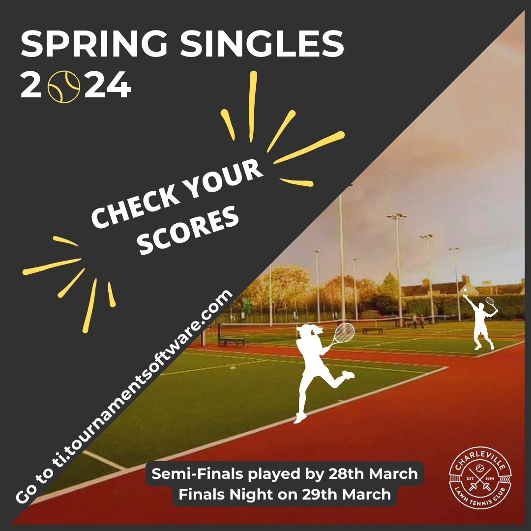 SPRING SINGLES UPDATE
Today is the final day to get your scores in.
Please check that your scores to date have been entered correctly on the Tennis Ireland Software Tournament page. The score keepers are very fallible ! (Link in bio)

Semi-finalists 