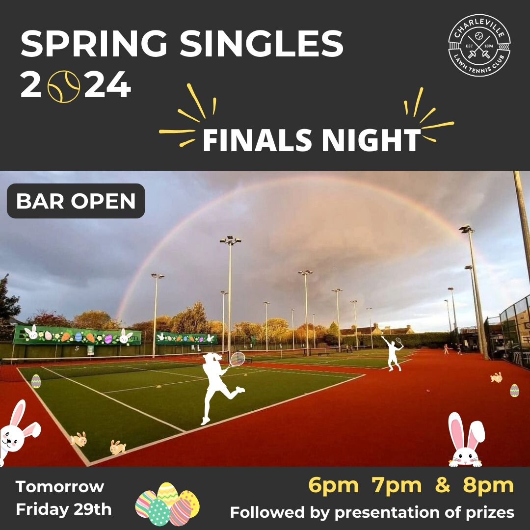 Well done to everyone who has taken part in our Spring Singles Tournament 2024. Finals are tomorrow, Friday 29th at 6pm, 7pm and 8pm. The bar will be open! 

 
Spring Singles Finalists 2024

 Ladies 1 Winner Sarah Cousins (no final)
 Ladies 2 Elizabe