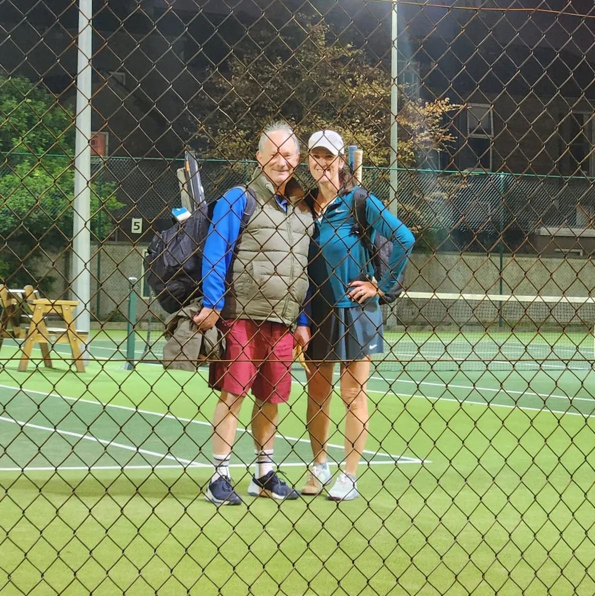 Eugene and Breege coming off court @lcctennis. Class 5 mixed doubles champions! 🙌 Thanks to coach Erick for the photo!