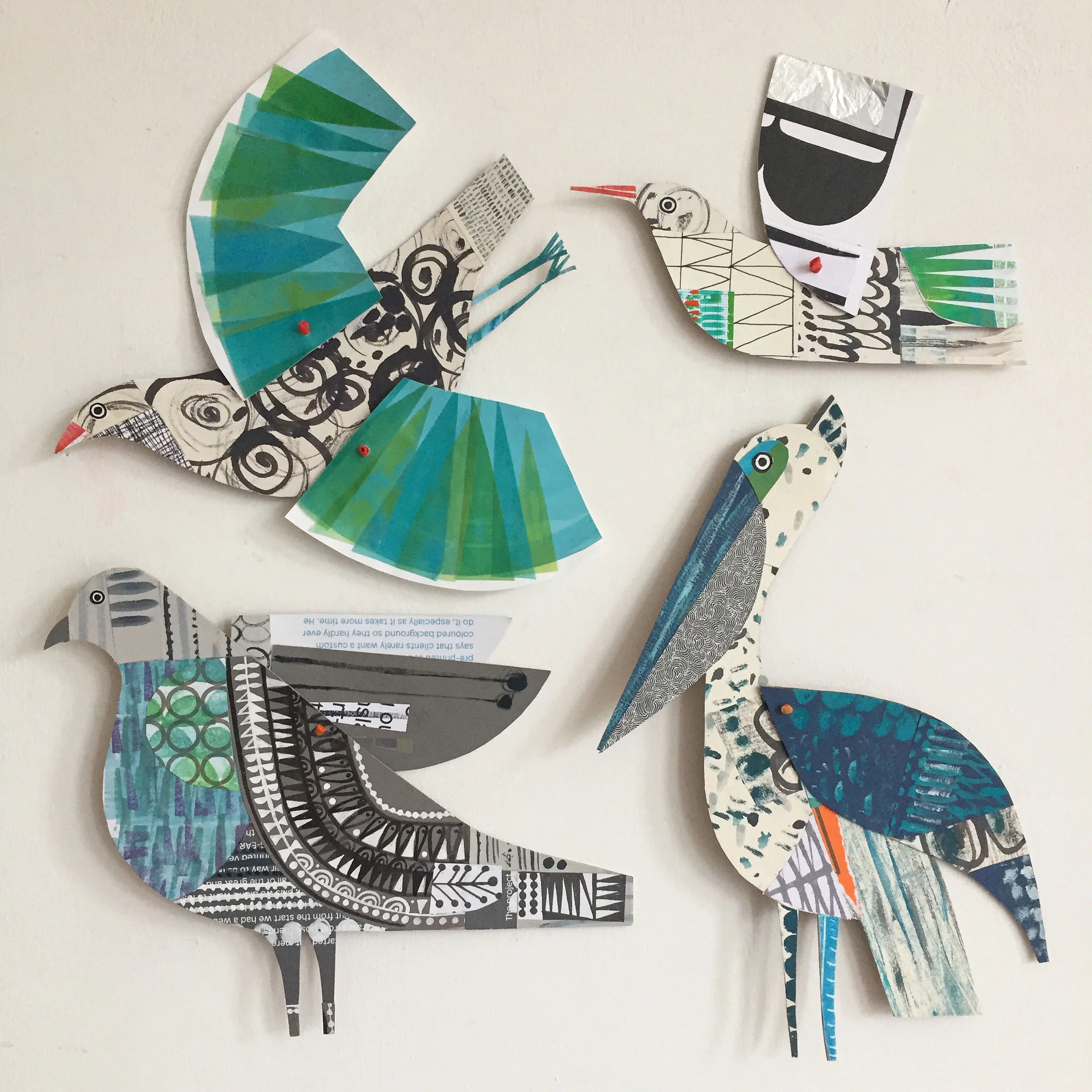 pond feeding birds original cut out articulated collage
