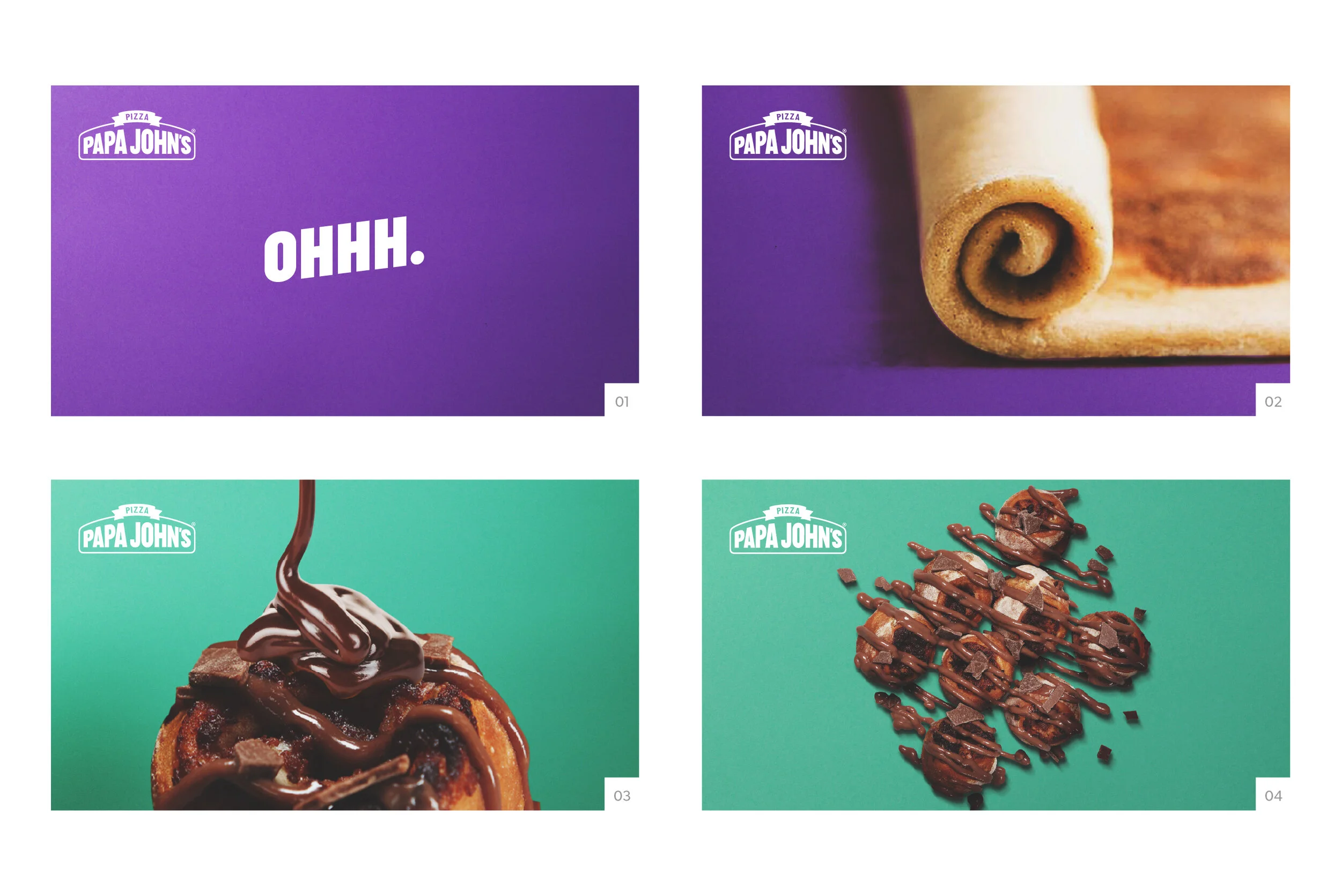 01: Camera pans to the right.  |   02: Dough starts being rolled.   |   03: Pans down to close up of sauce drizzle.   |   04: Overhead shot of scrolls.