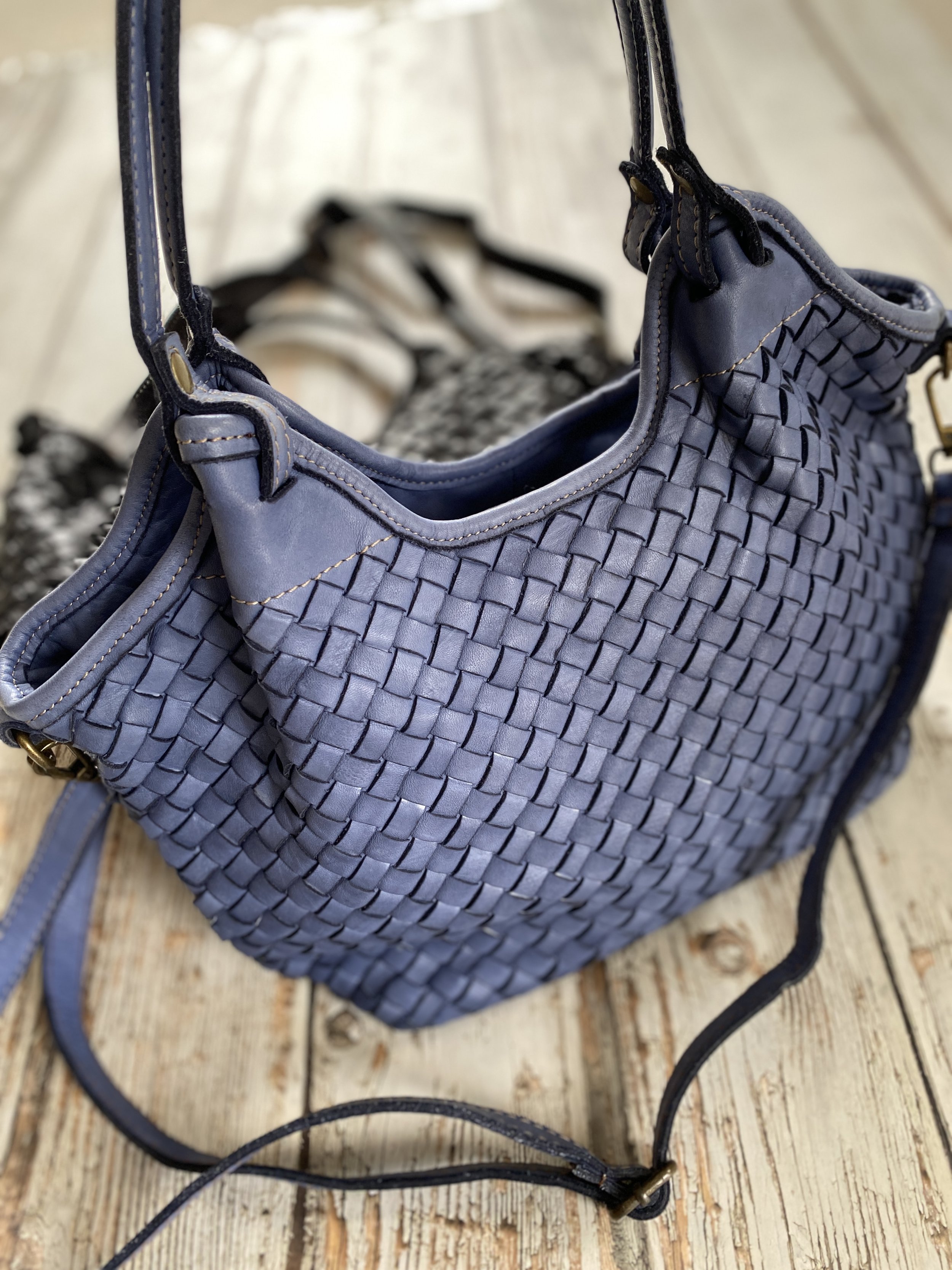 Blue woven leather tote bag