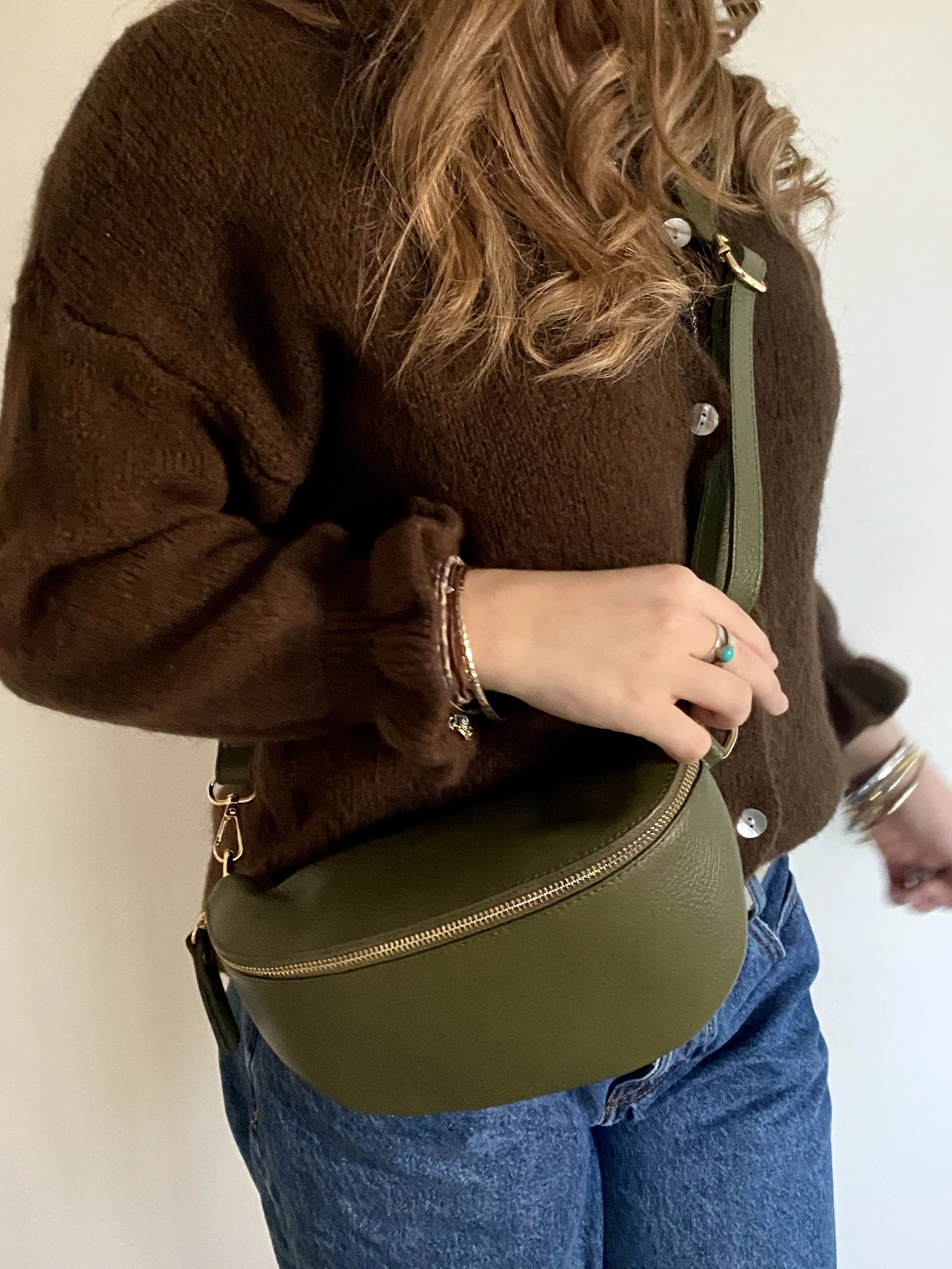 Leather Mollie Bag worn by model with Chocolate Cardigan