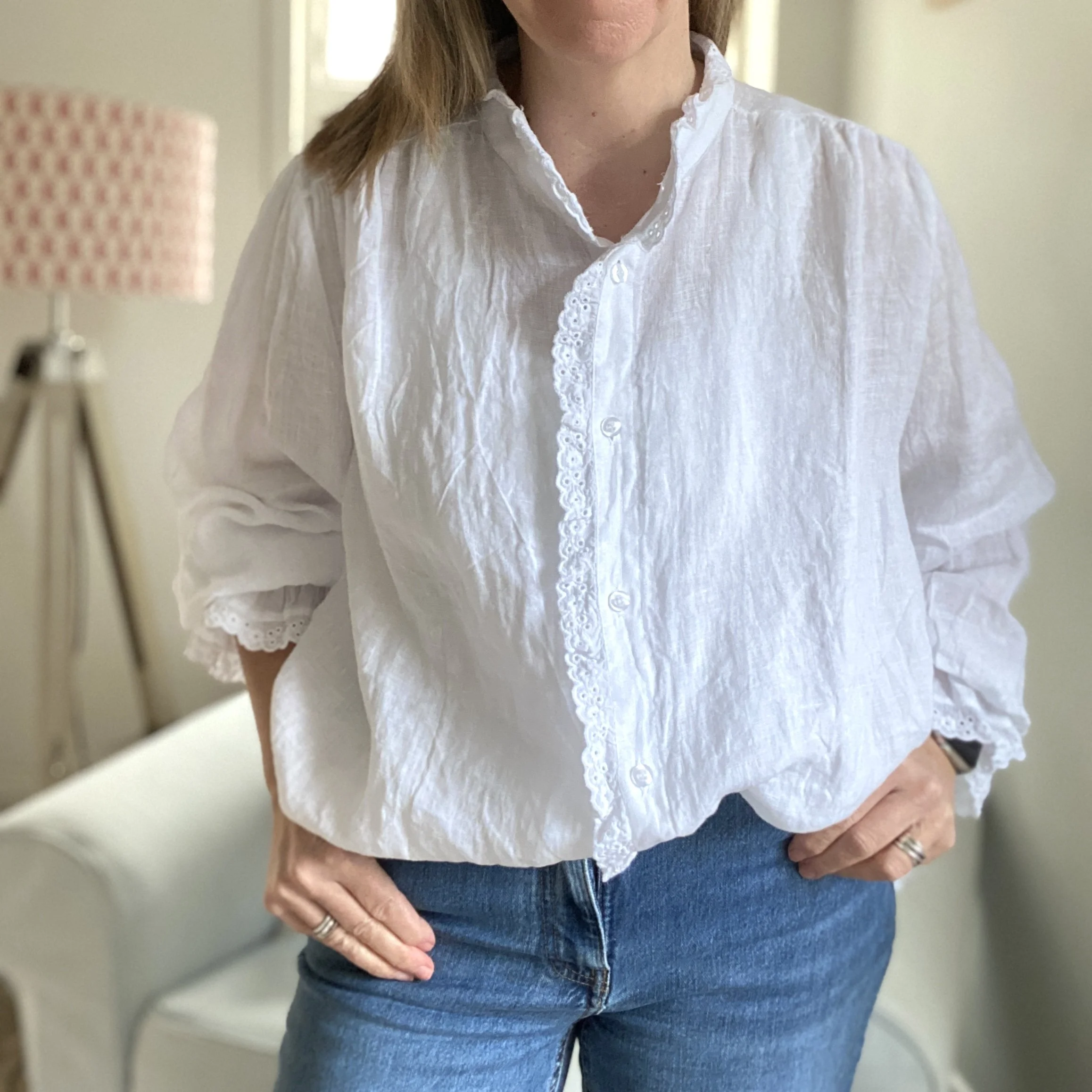 white linen blouse with frill collar