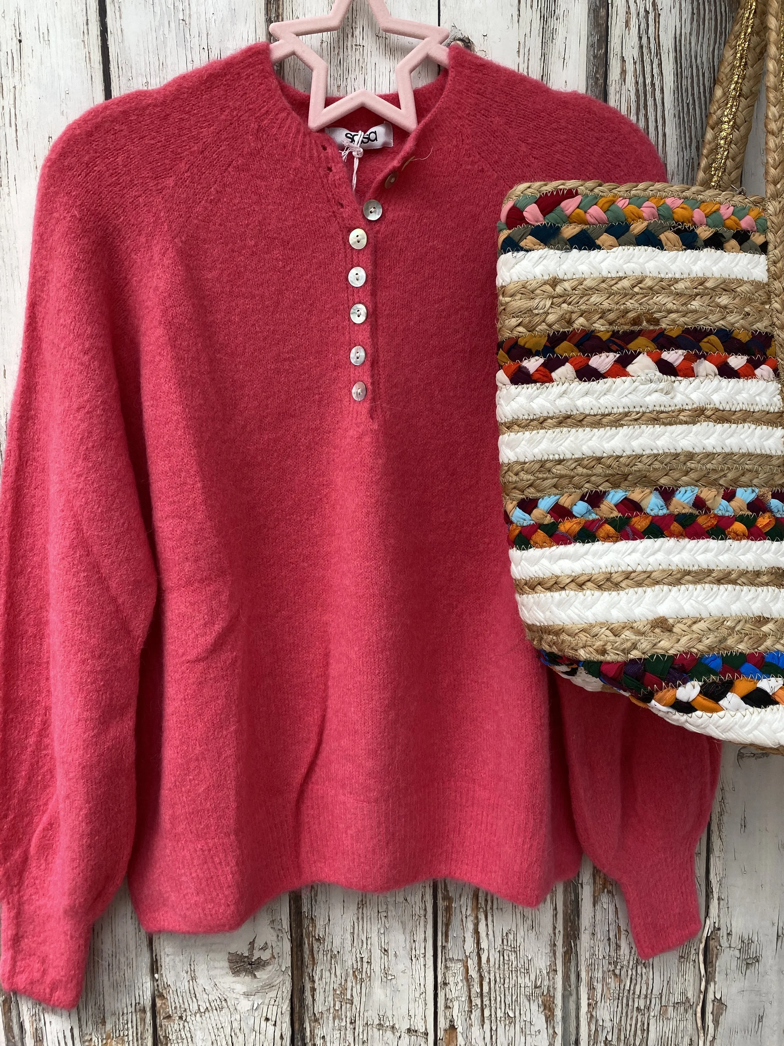 Cranberry knit jumper with basket bag