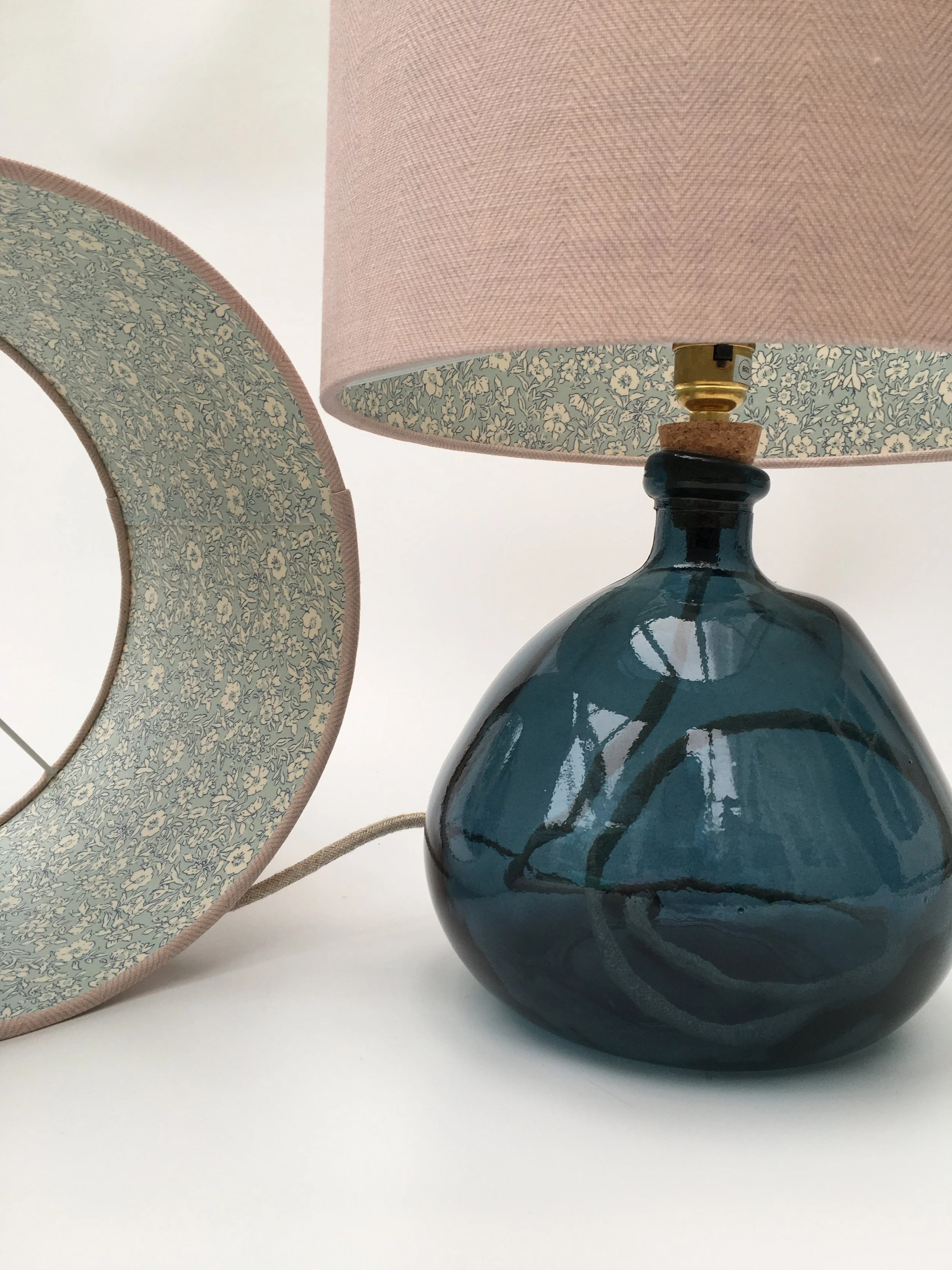 Faded Old Silk Linen Lampshade with Blue Cottage Garden Liberty Lining