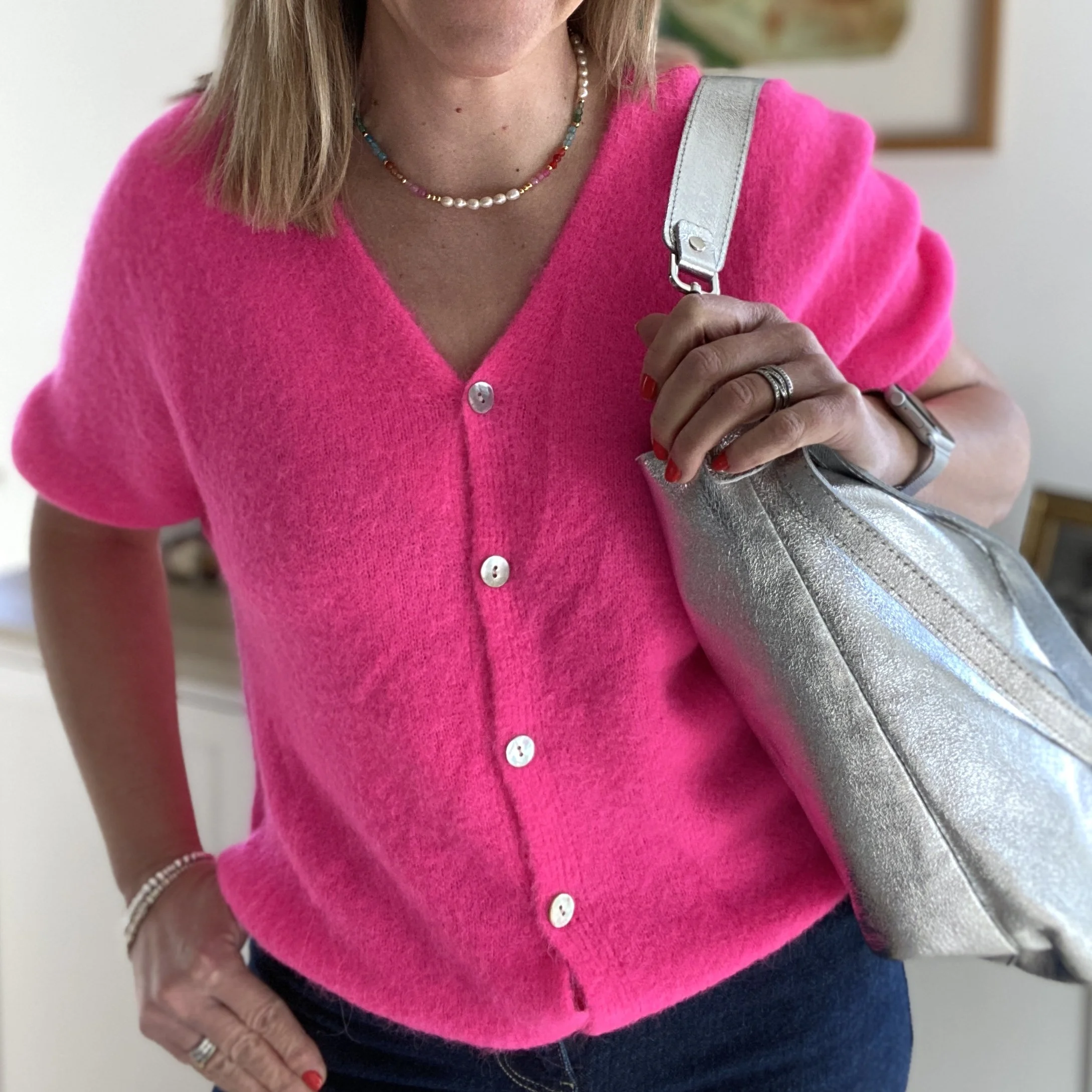 Pink Short Sleeve Cardigan and Silver Bag