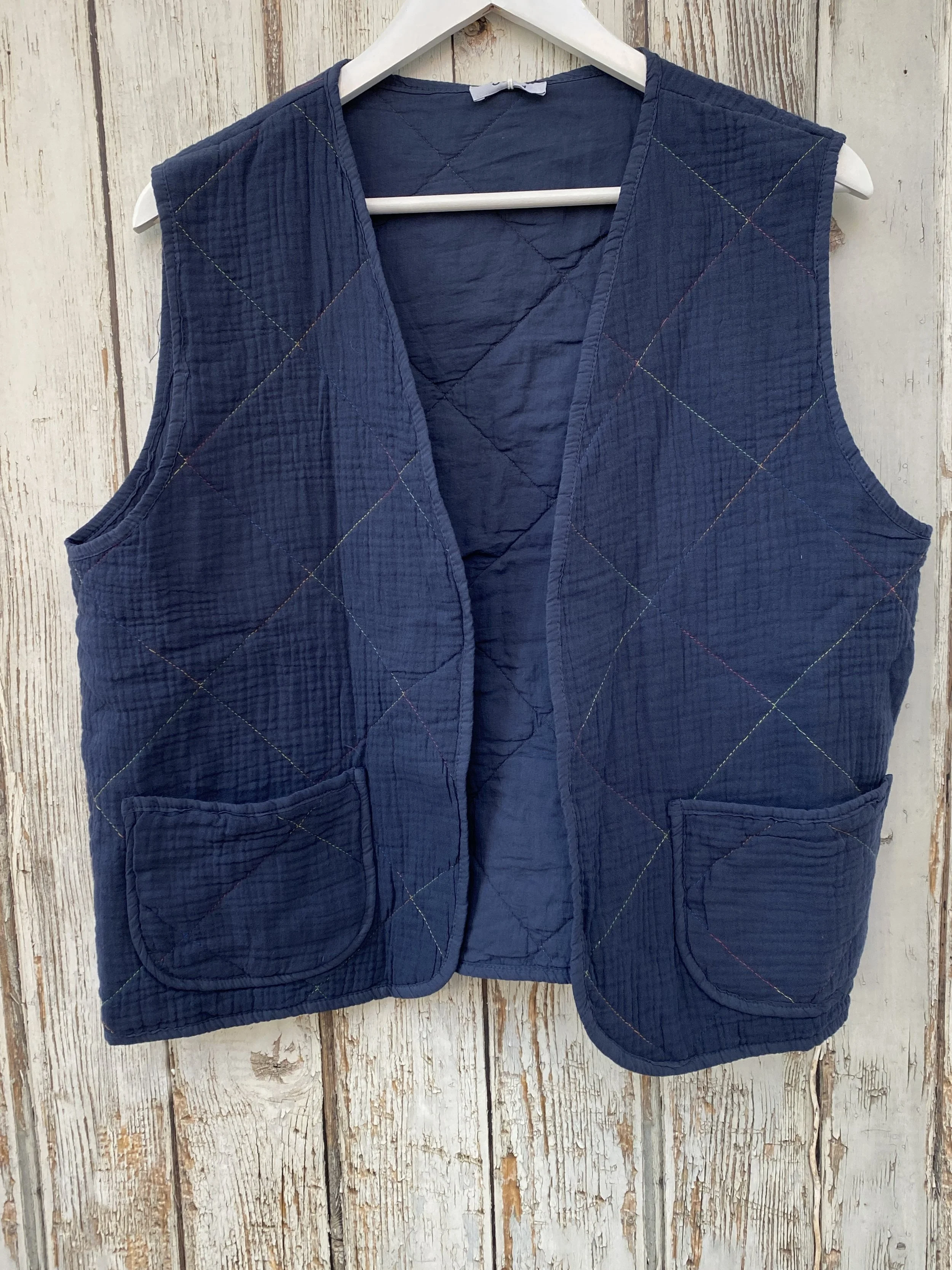 front view of navy quilted gilet