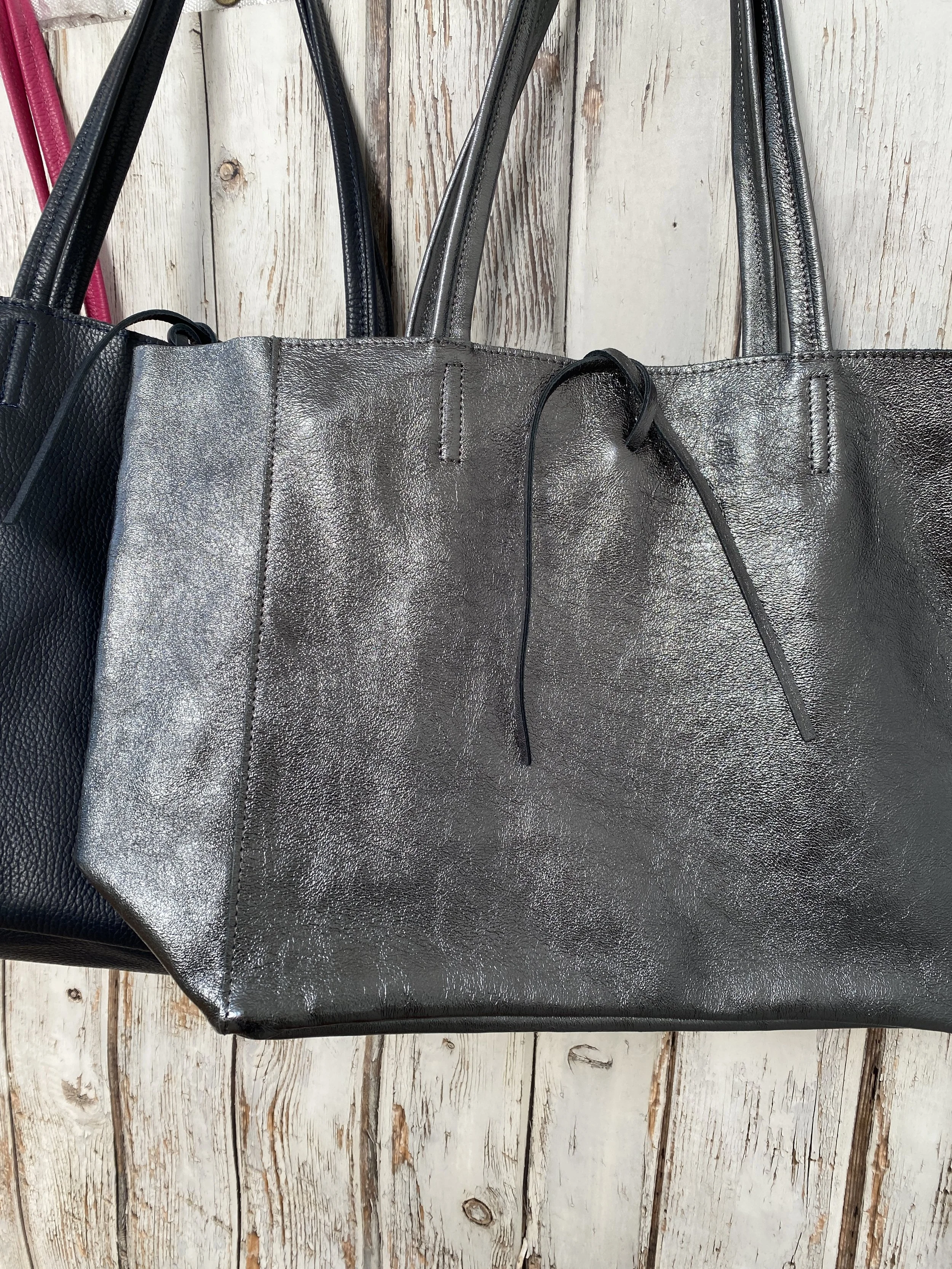 Pewter leather tote bag