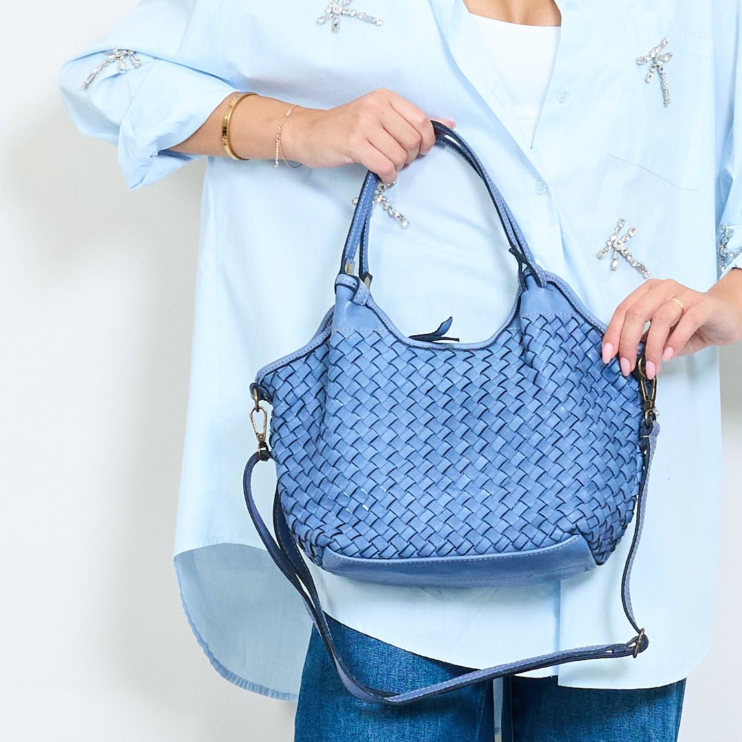 Blue woven leather tote bag