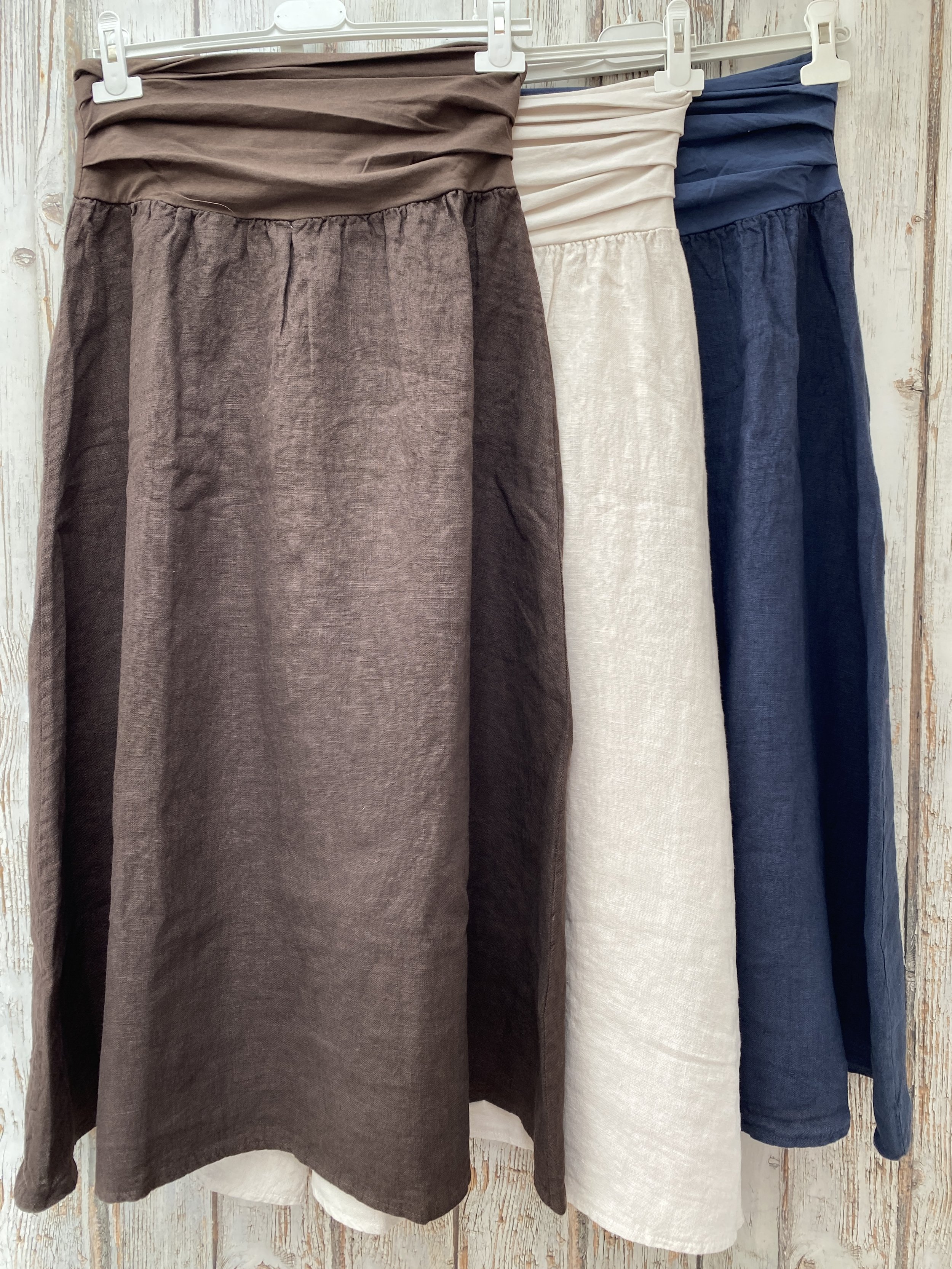 long length linen skirts in chocolate, stone and navy