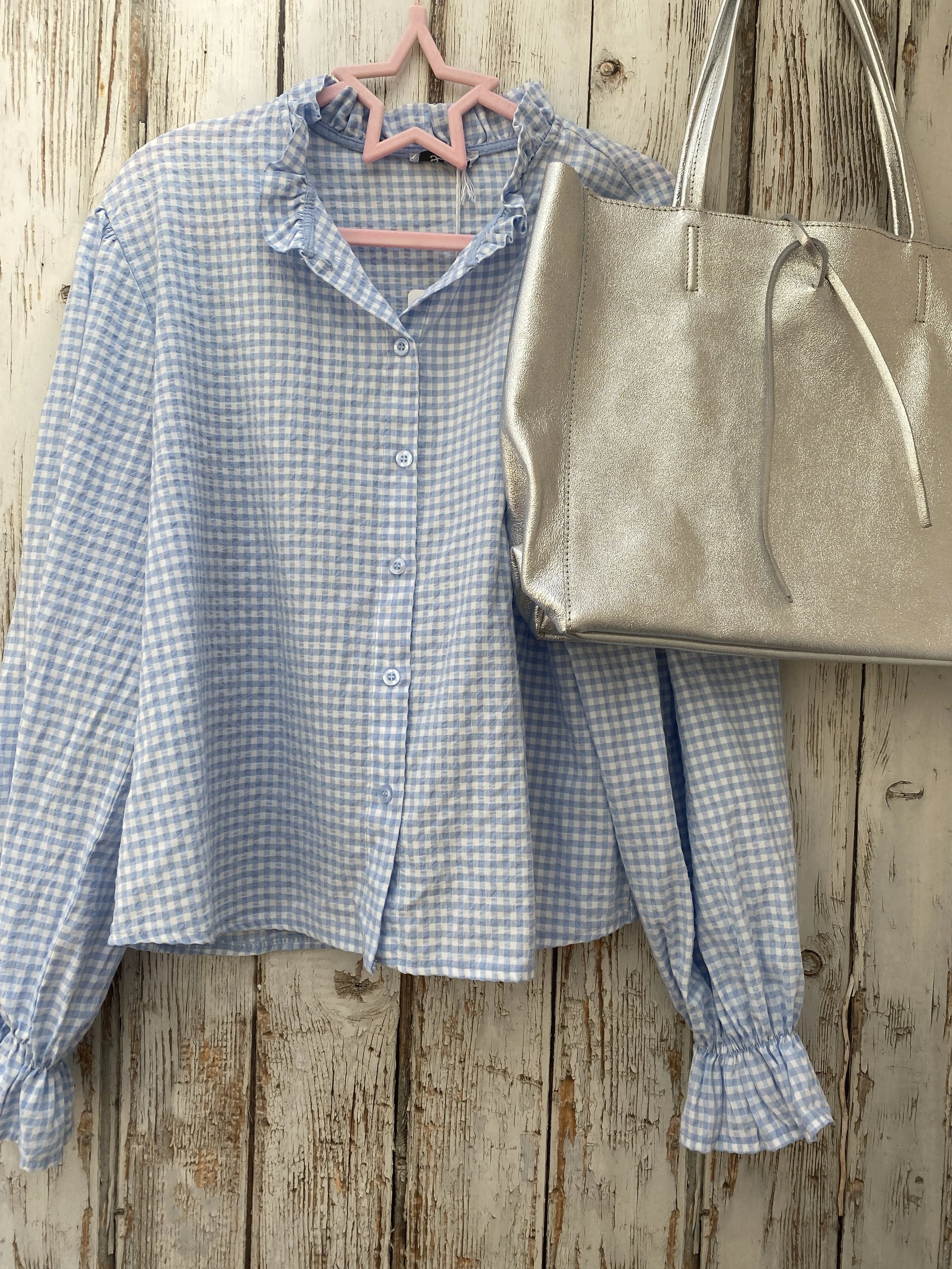 Blue Gingham Ruffle Collar Blouse