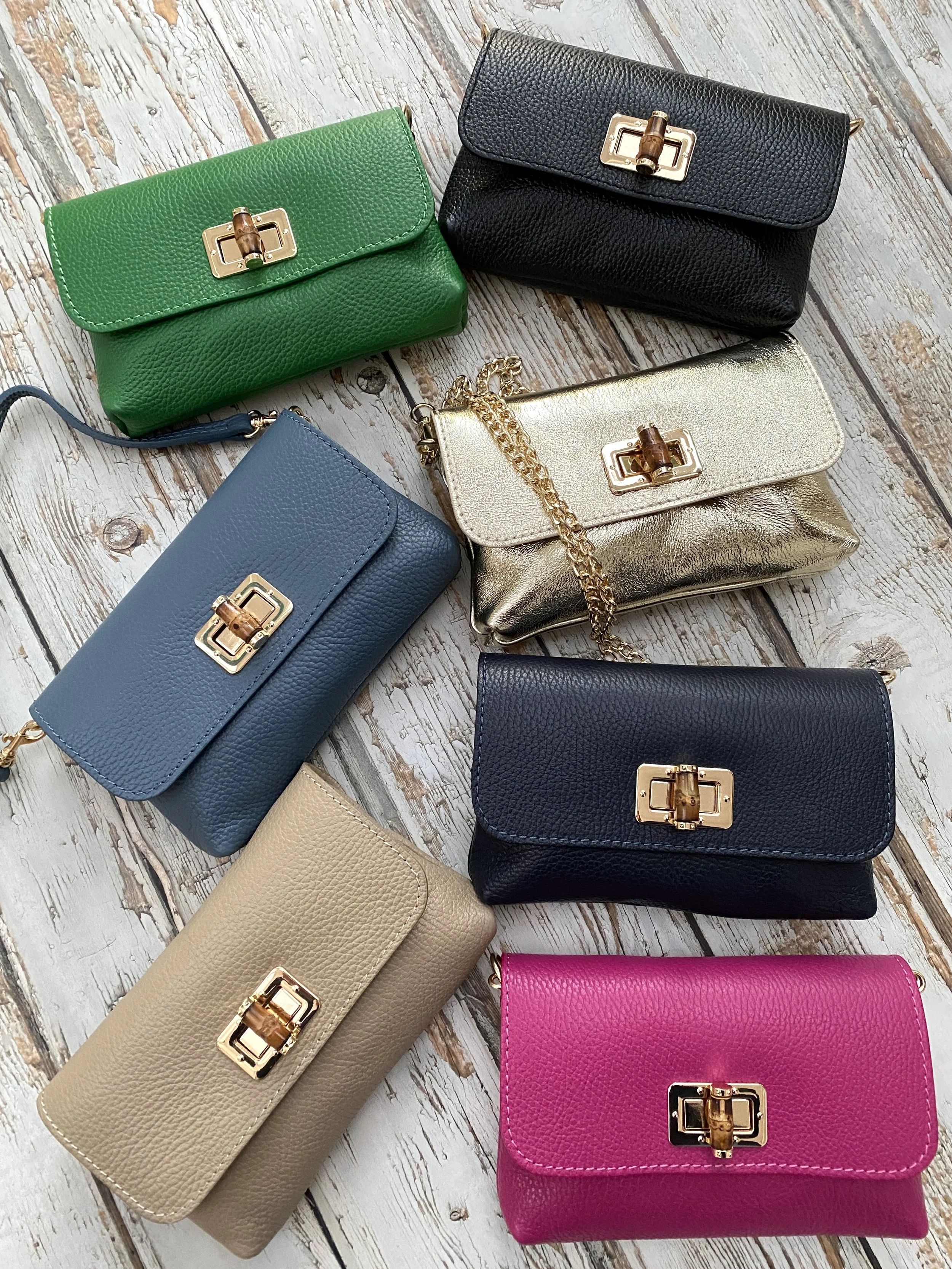 leather bags with leather straps and gold chain straps