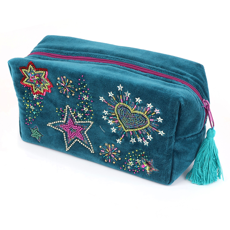 Starburst Teal Velvet Cosmetics Bag