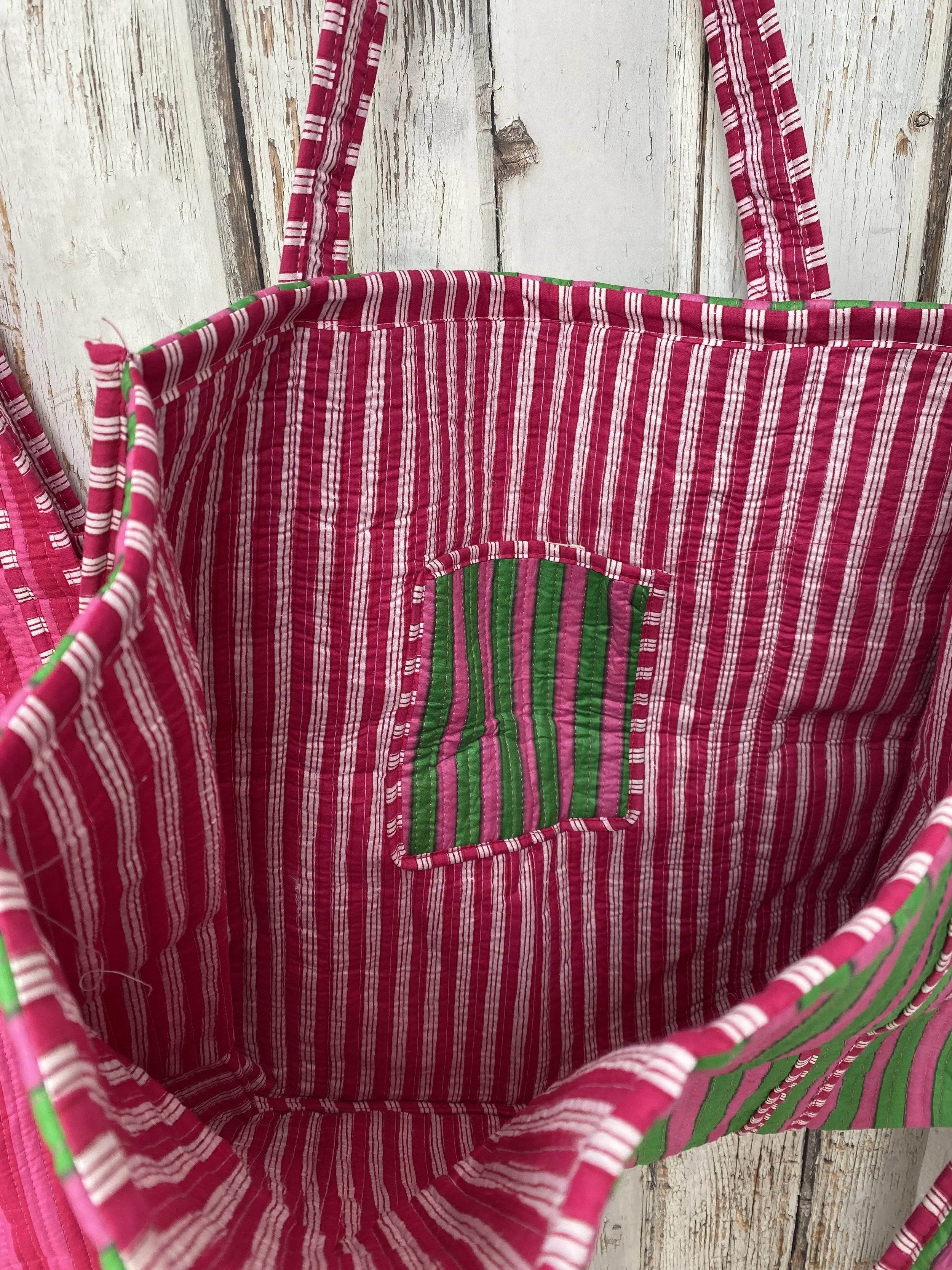 Stripe lining of cotton tote bag
