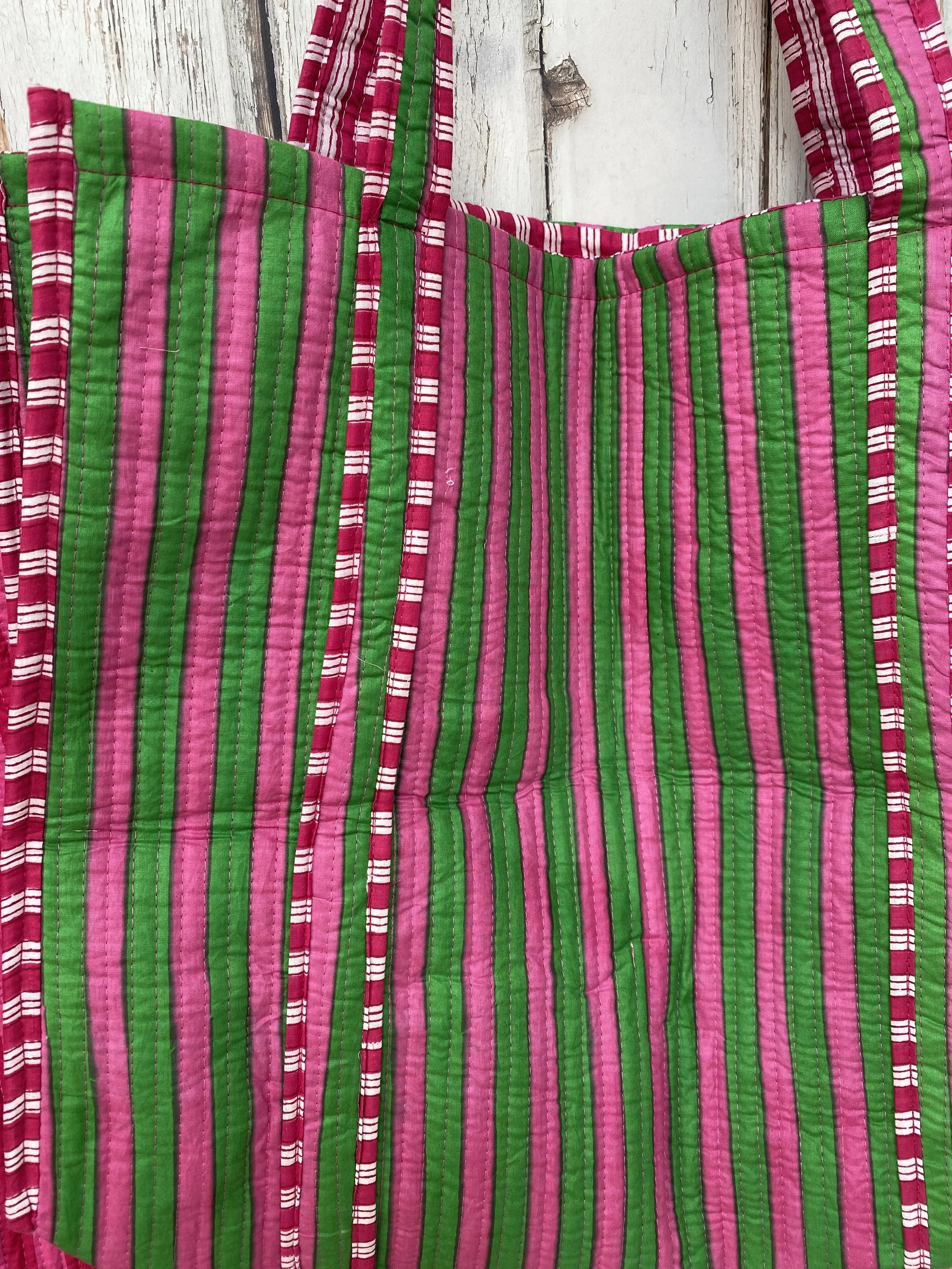Pink and Green Stripe Quilted Tote Bag