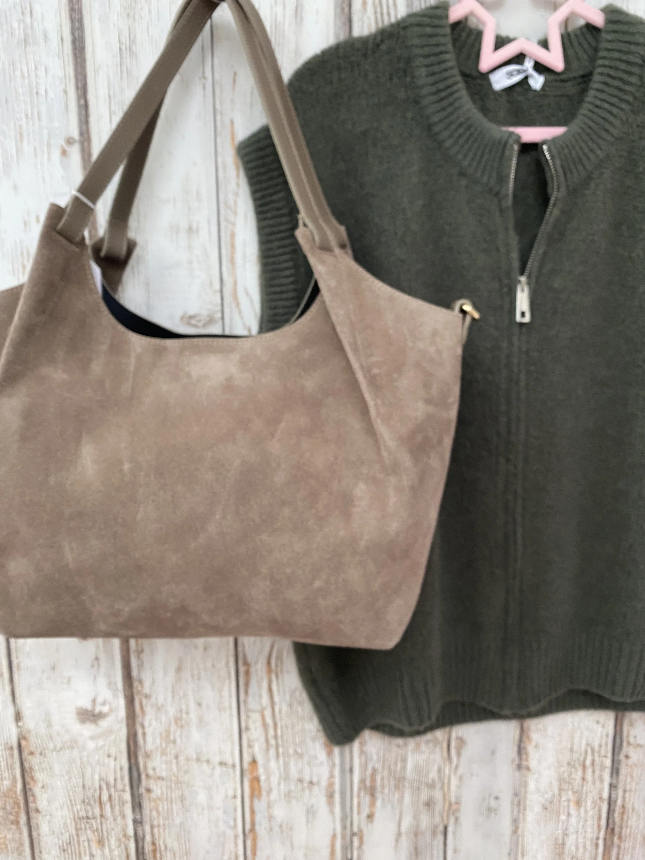 Suede tote bag and khaki sleeveless jumper