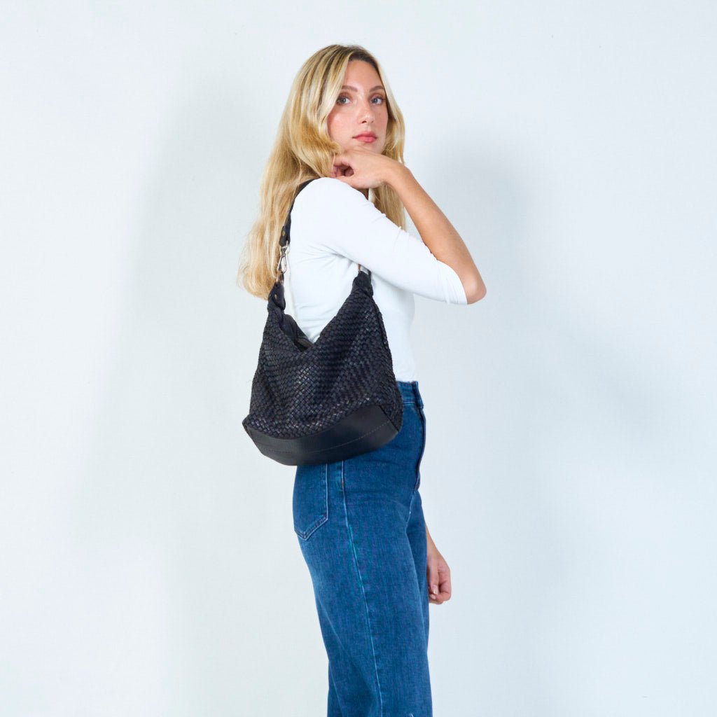 Black woven leather hobo bag