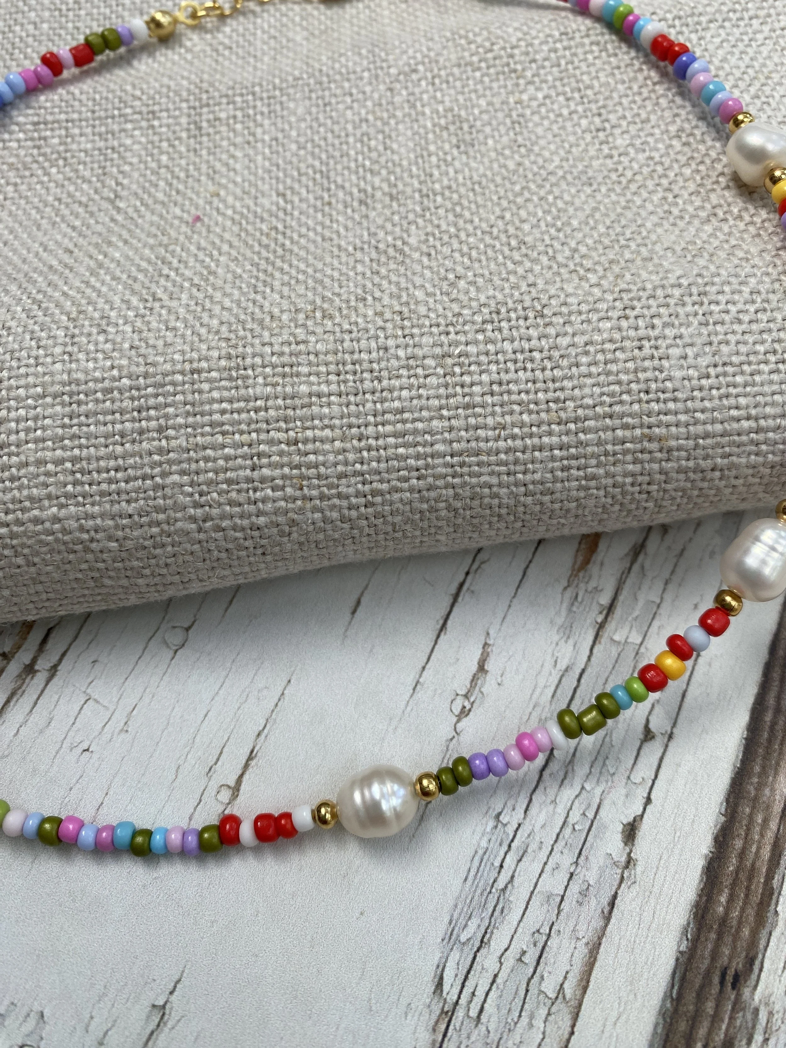rainbow colour bead necklace with freshwater pearls