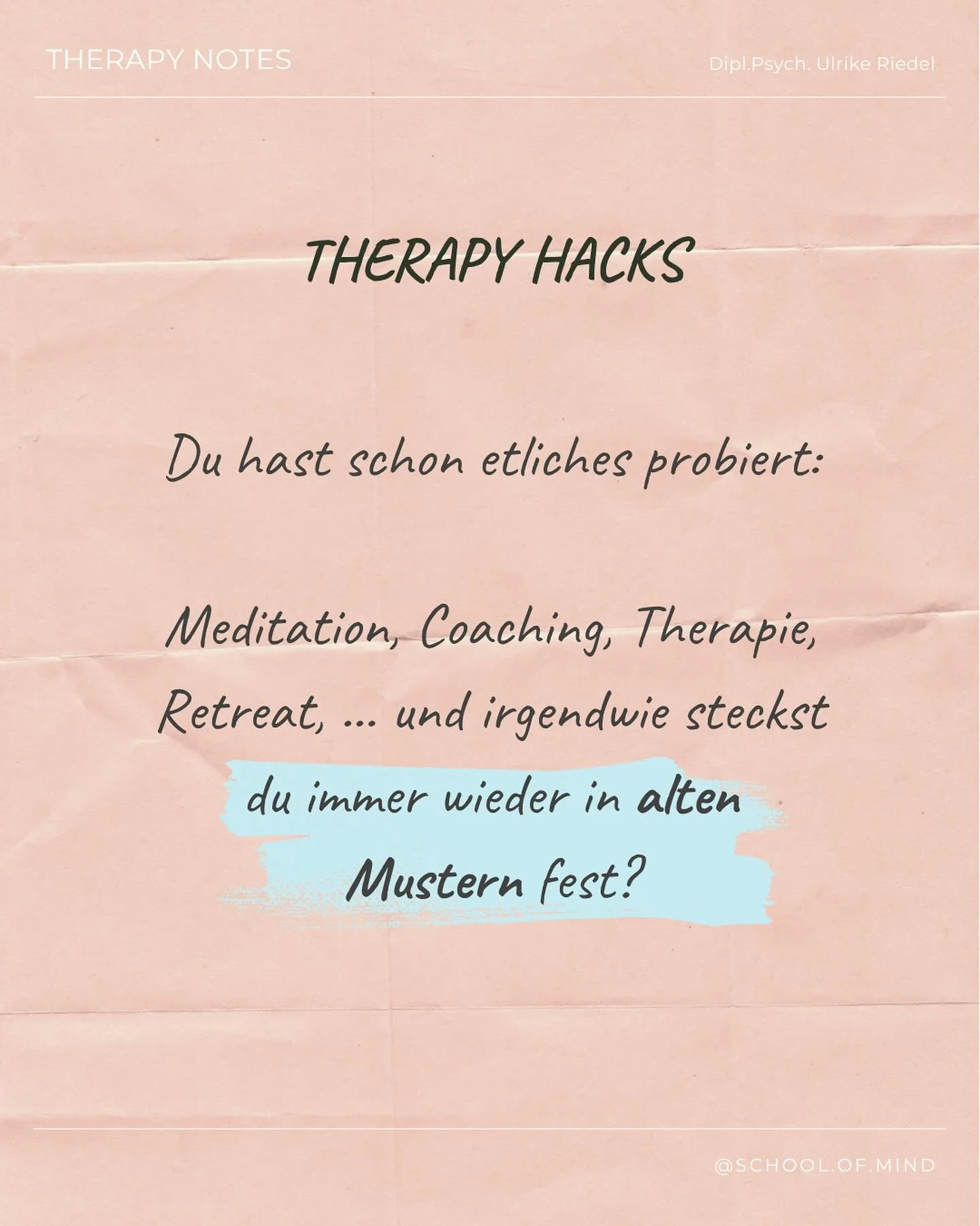 Reden hilft nicht mehr. 

Zumindest nicht bei tief sitzenden Pr&auml;gungen und vorsprachlichen (Entwicklungs-)Traumata. 

Wenn du schon alles wei&szlig;t und sich trotzdem nichts &auml;ndert, geh tiefer! Mach es anders. Sei zu dir, wie die Welt dama