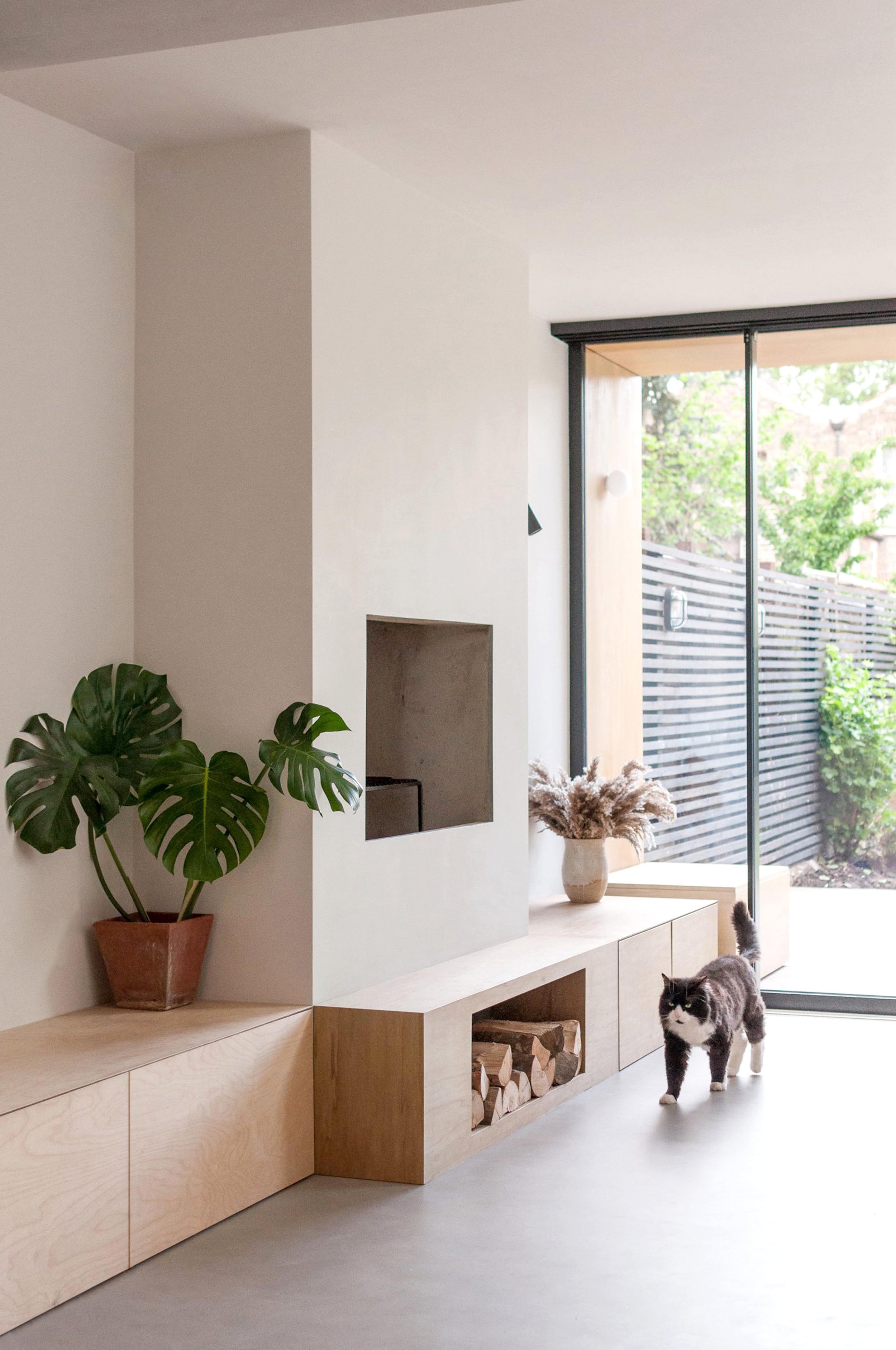 Modern living room with a large potted plant, a fireplace, and a sliding glass door leading outside. A black and white cat walks near the door, and a vase with pampas grass is on the wooden bench.