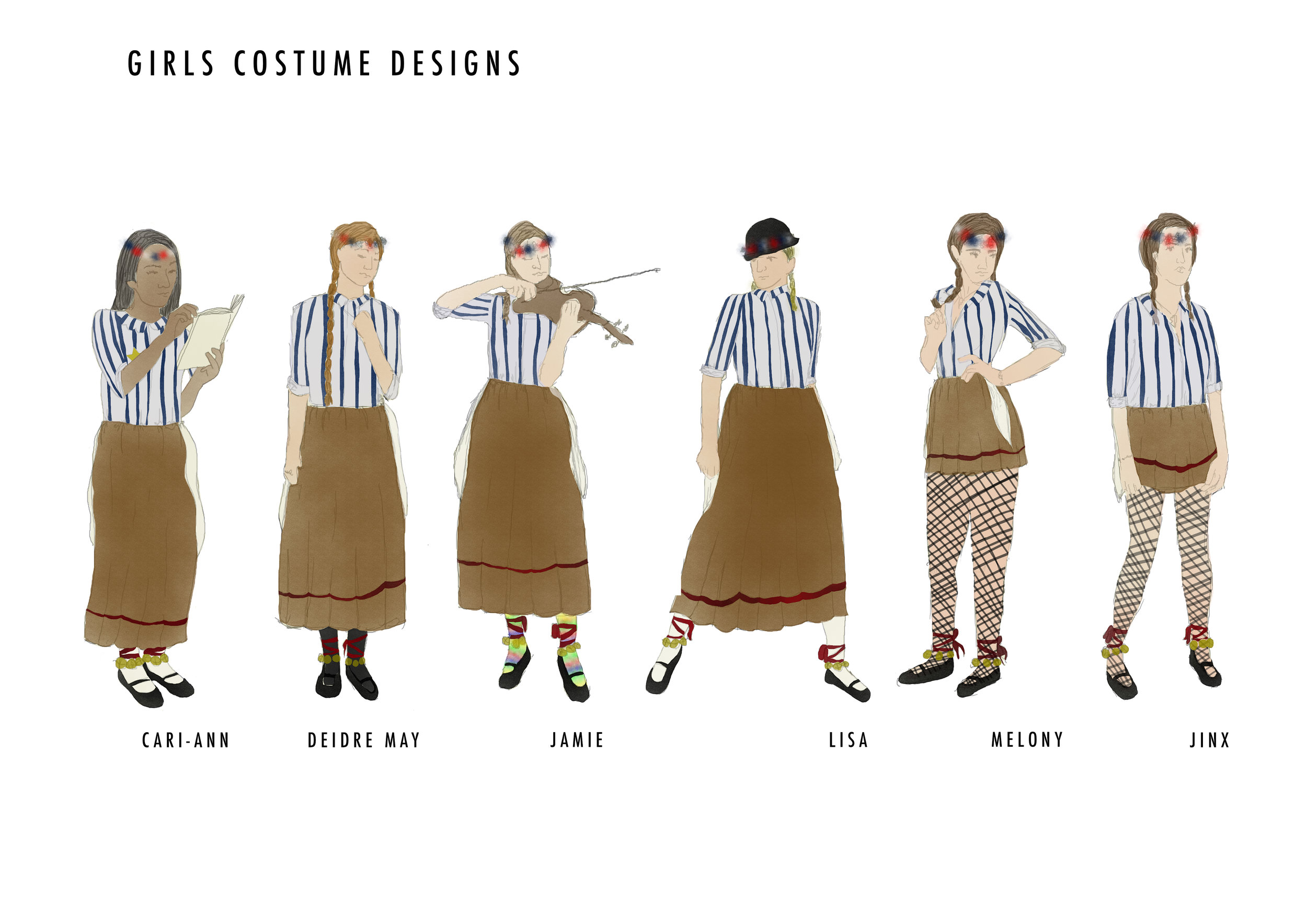 My designs echoed the Nazi concentration camps and used the imagery of traditional Mayday festivities, complete with ribbons and bells. The costumes reflected individual characters e.g. Lisa’s aspirations to be Liza Minelli were conveyed through the bowler hat - a reference to ‘Cabaret"‘. Budget meant we had to compromise on the design. We recycled costumes from previous productions focussing on the ‘aryan ideal’ - a wished for but actually non-existent world.