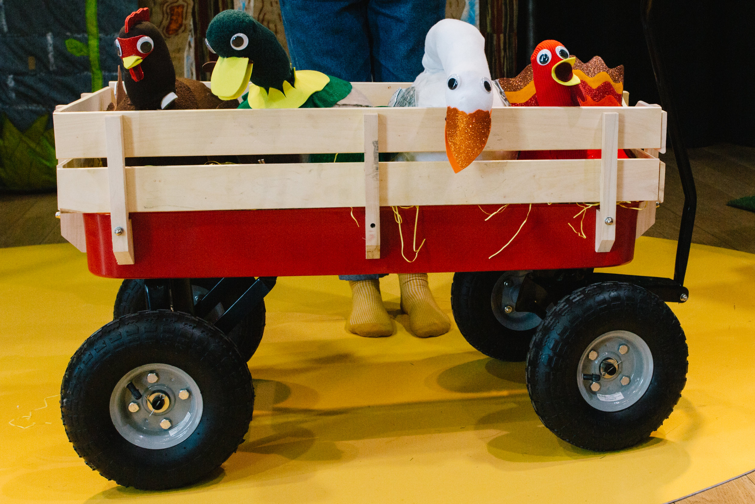 The premise of the story was that the venue had been double booked - Ruth Mary Johnson, a storyteller and NailJam, a band, were competing for the stage and the audience. So the challenge was to design a set that could accommodate both gig and story time.