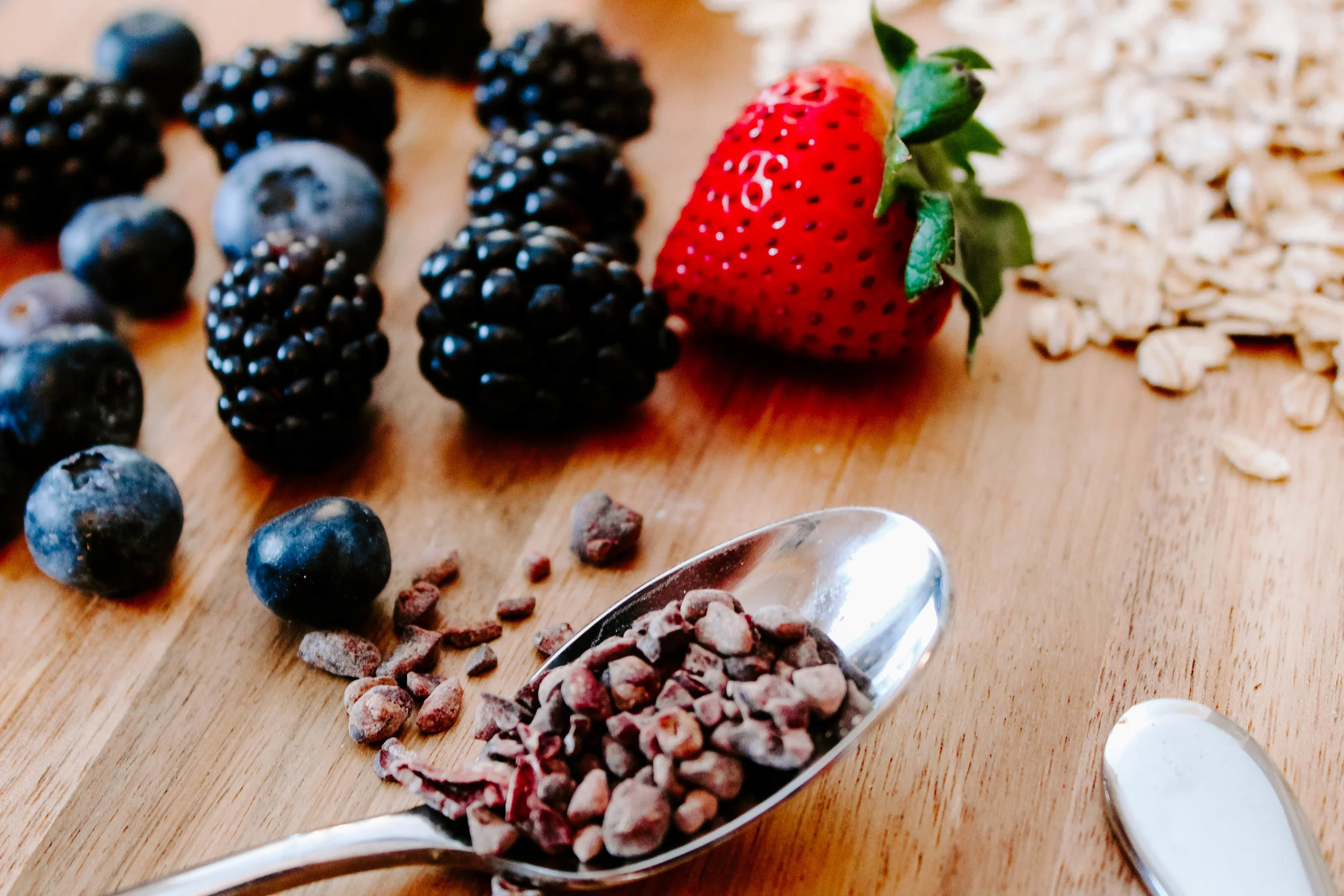 Antioxidant rich blueberries, blackberries, strawberries and cacao nibs!