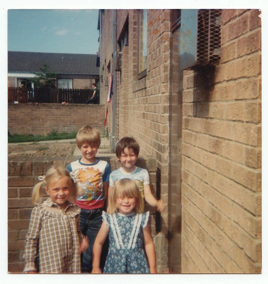 George Clarke (top left), George’s sister Sam (bottom left), with two neighbours