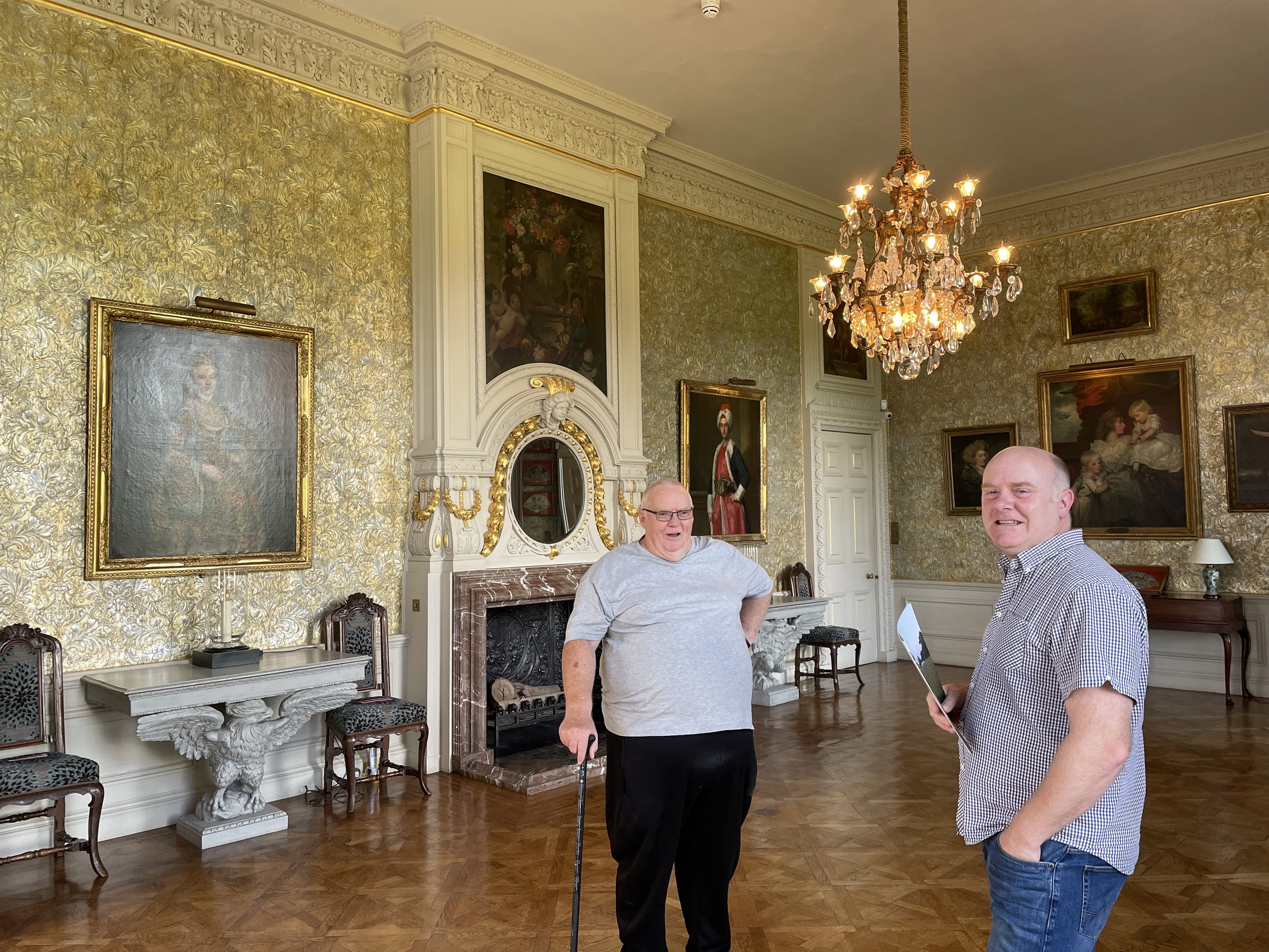  Frank admiring the Lincrusta with tour guide at Stansted Park 