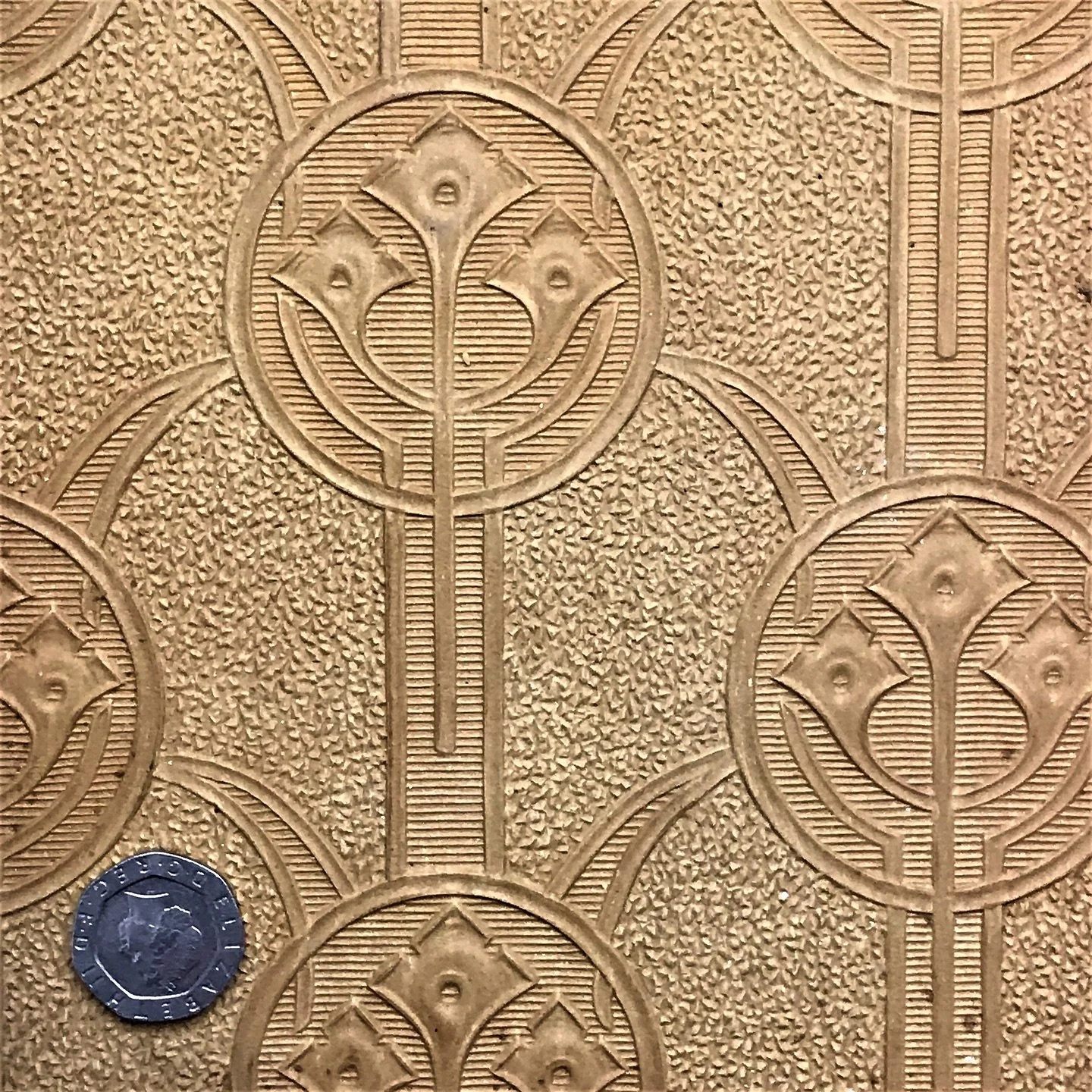 A rare surviving Lincrusta-Loried sample from 1920s Paris, unseen for 100 years, now preserved in our archive collection.
Frank has carefully reproduced this Art Deco design from remnants, first meticulously crafting a master copy from which a mould