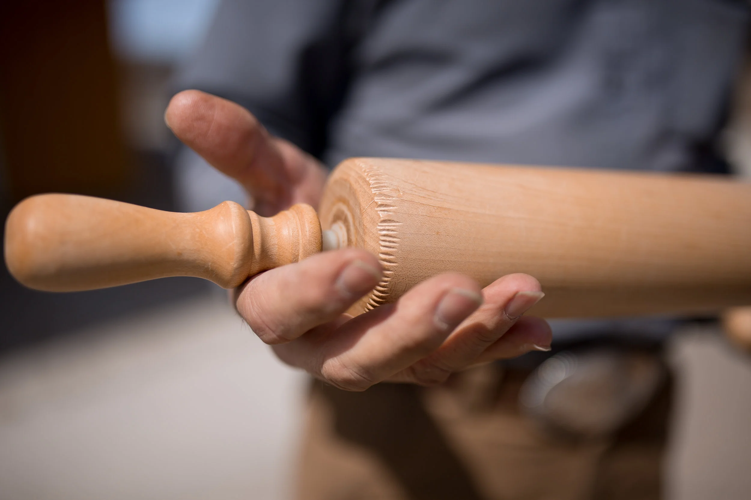 Norm’s rolling pin - with a notch for every 500 pies he has rolled!
