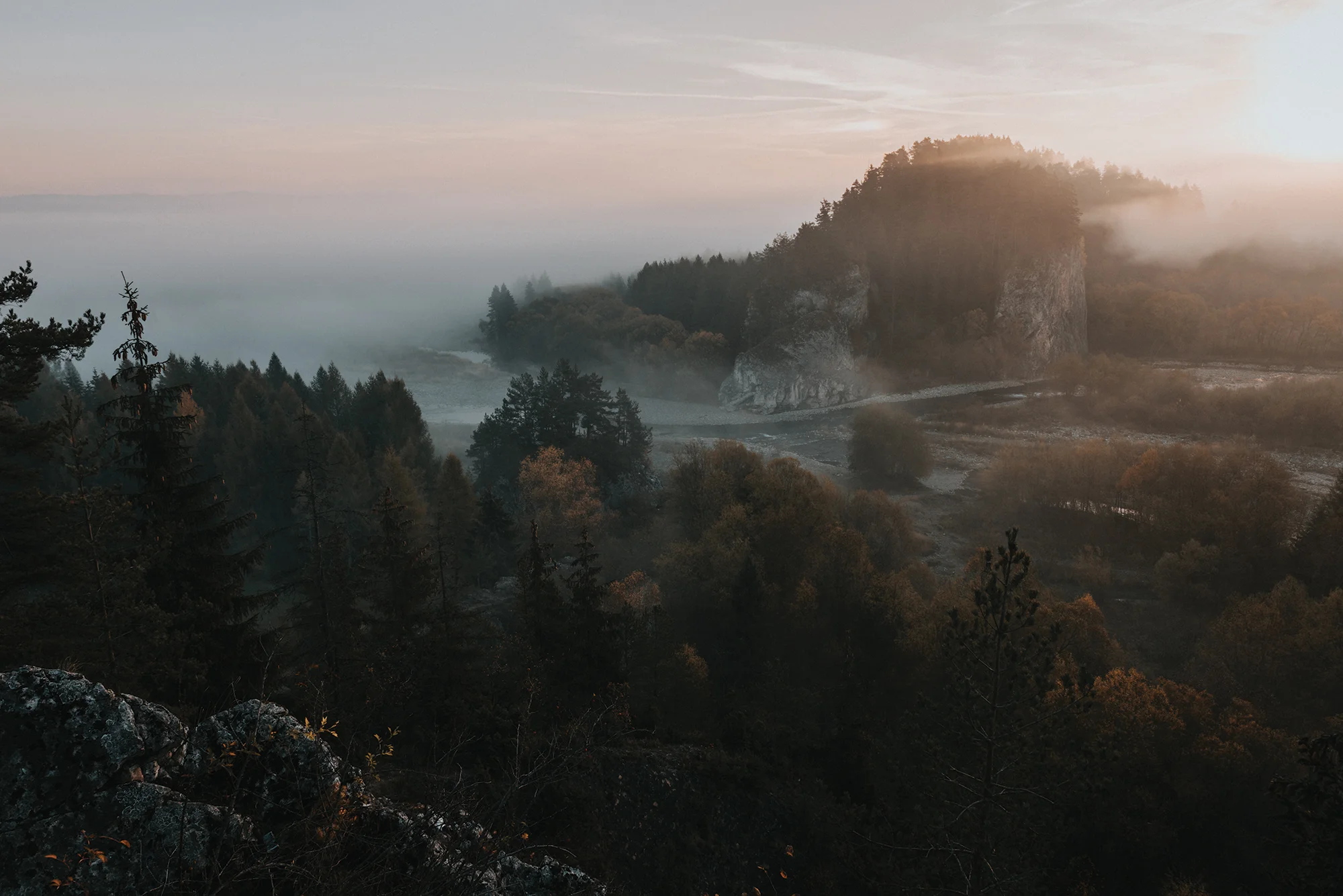 Autumn is an excellent time for hiking, that’s when I hit the trail alone. I like to start the day before dawn. Fortunately at this time of the year sunrise occurs quite late what gives me an opportunity to reach unique places just in time for the morning show played by the nature. I can watch struggles of a night and a day, when the fogging along the river slowly moves away to give place for warm rays of the sun. Slowly appearing details are a real delight for my eyes.