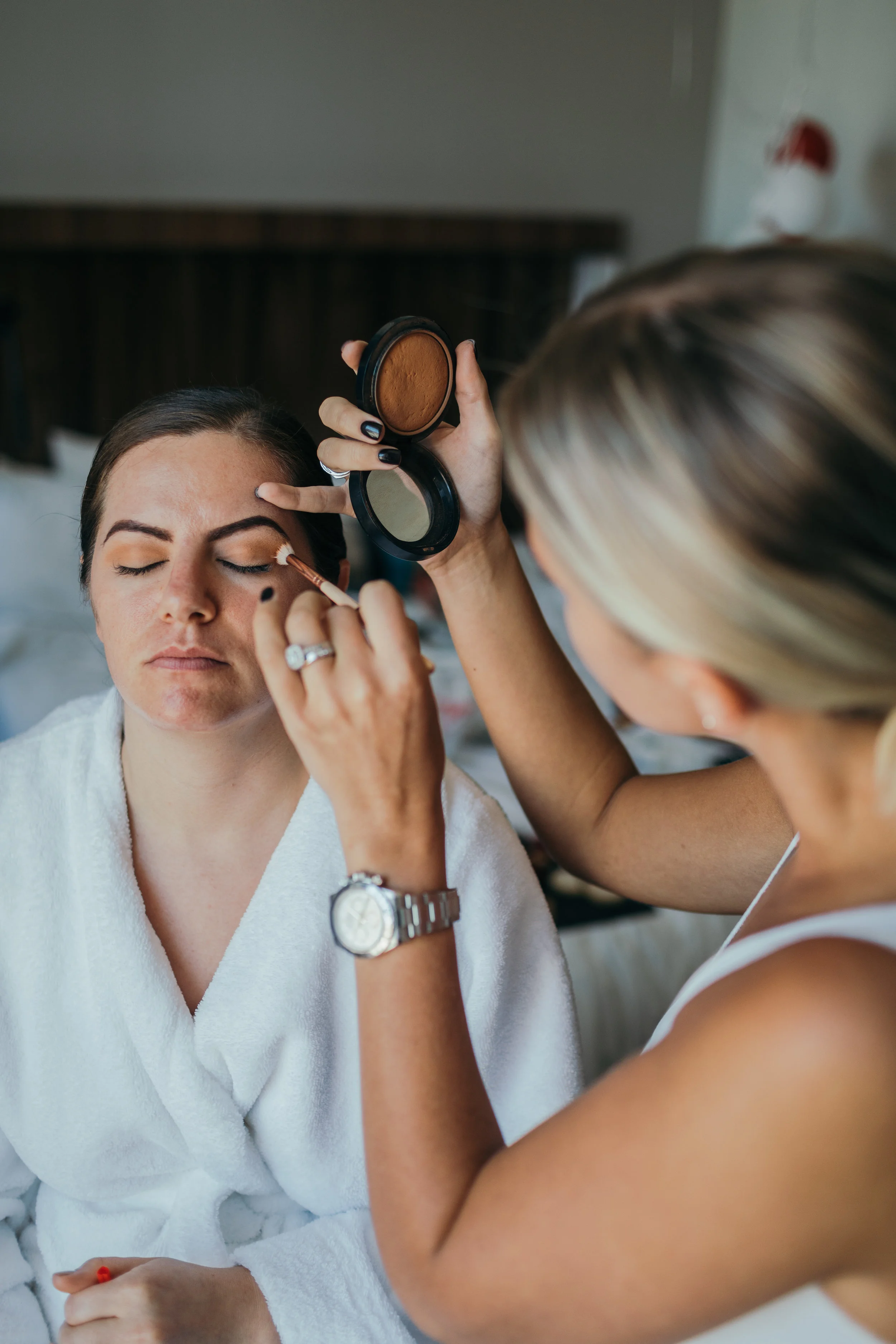 Beautiful portrait of bride getting makeup done at Carlowrie Castle Outdoor Destination Wedding Edinburgh, Scotland