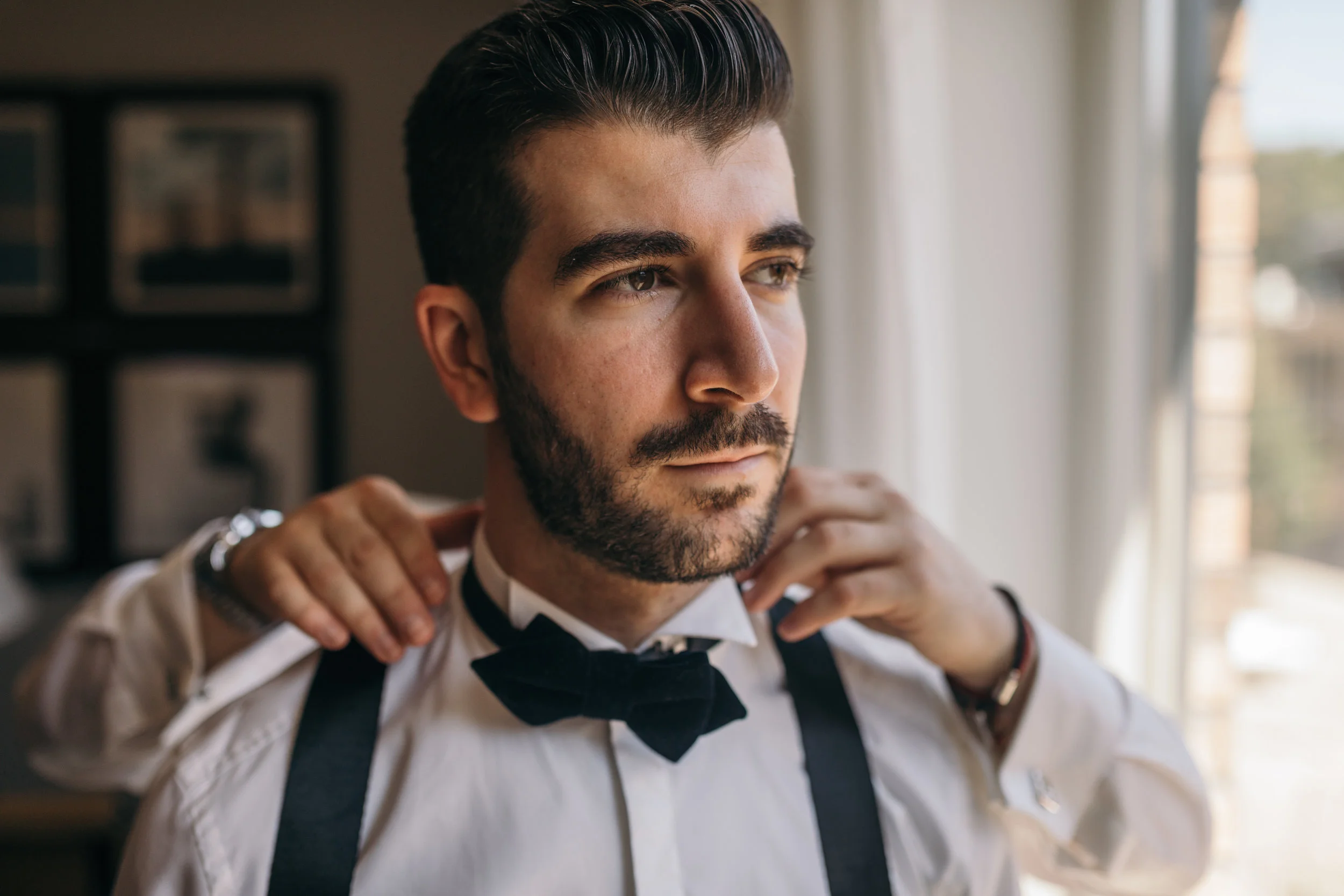 Groom getting ready in Edinburgh, Scotland at Carlowrie Castle July Wedding