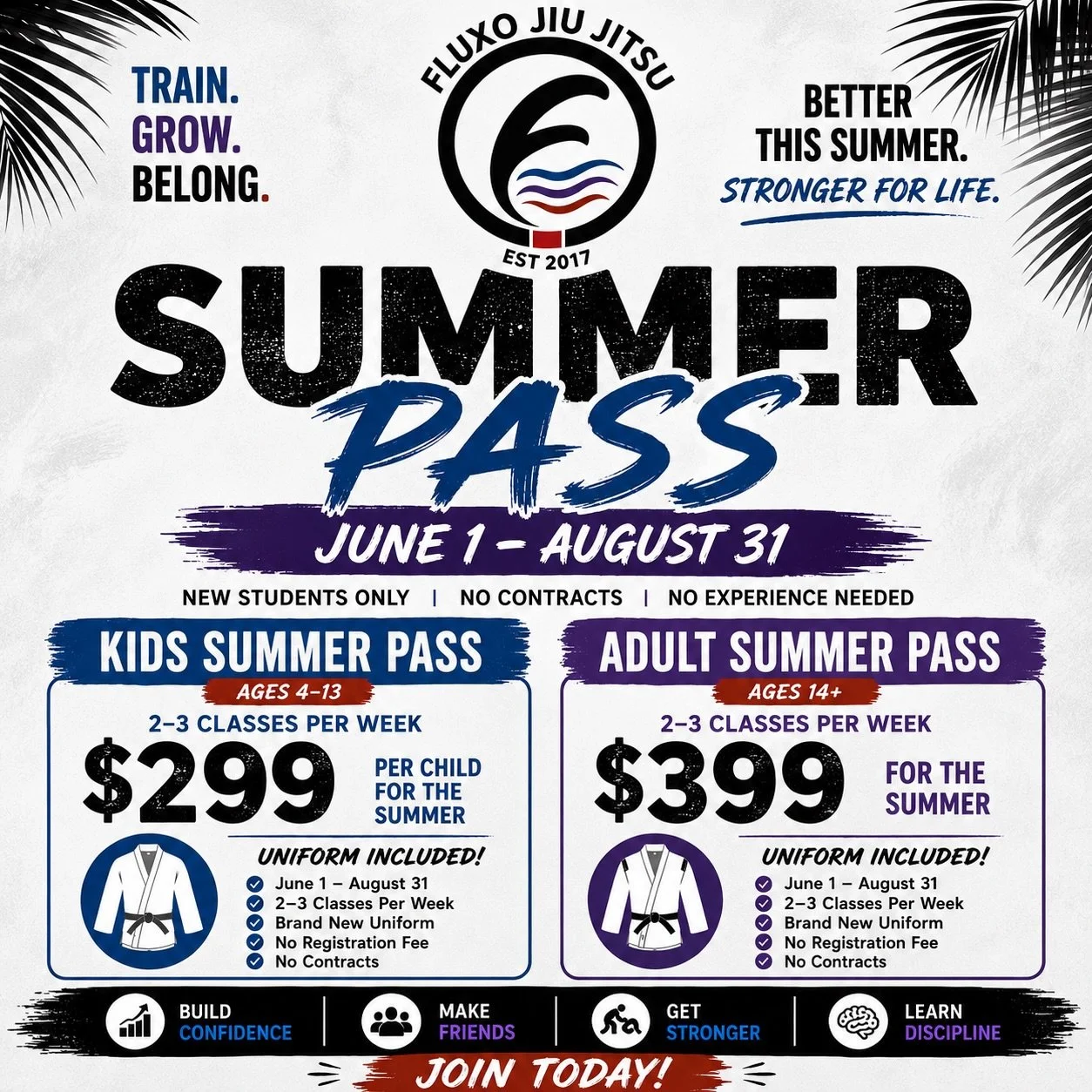 🌞 Summer Jiu-Jitsu is here!
Train all summer with our Kids &amp; Adult Summer Pass &mdash; uniforms included, no contracts, no experience needed.
Spots are limited. Let&rsquo;s get to work 💪🥋