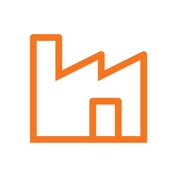 Icon of an orange factory with a chimney on a black background.