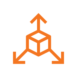 An orange three-dimensional cube with arrows pointing outward from each of its three axes.
