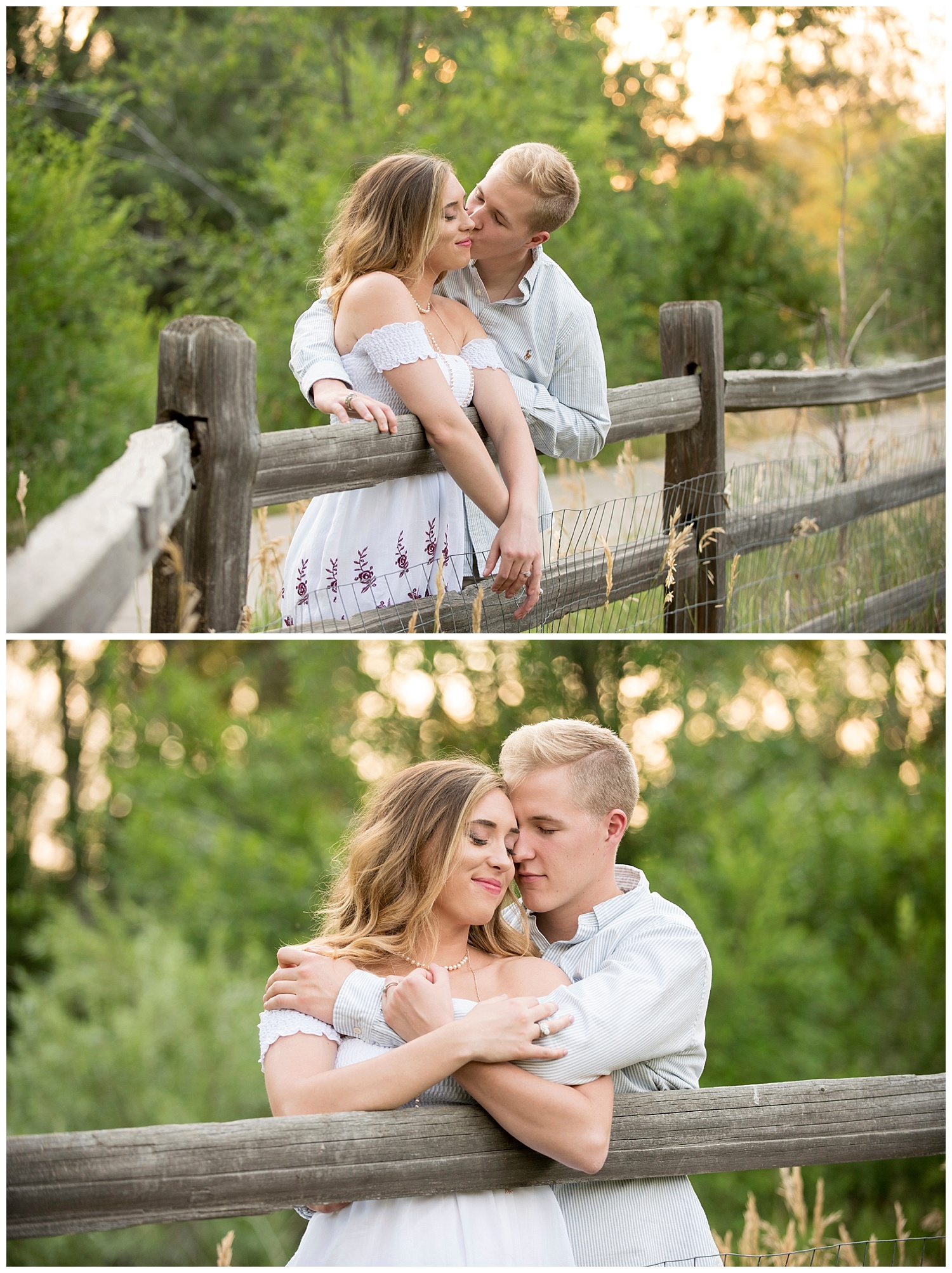 Young Couple Embracing Over Rustic Wooden Fence | Allison and Mike's Intimate Engagement Session | Clear Creek, Arvada, Colorado | Farm Wedding Photographer | Apollo Fields Wedding Photojournalism