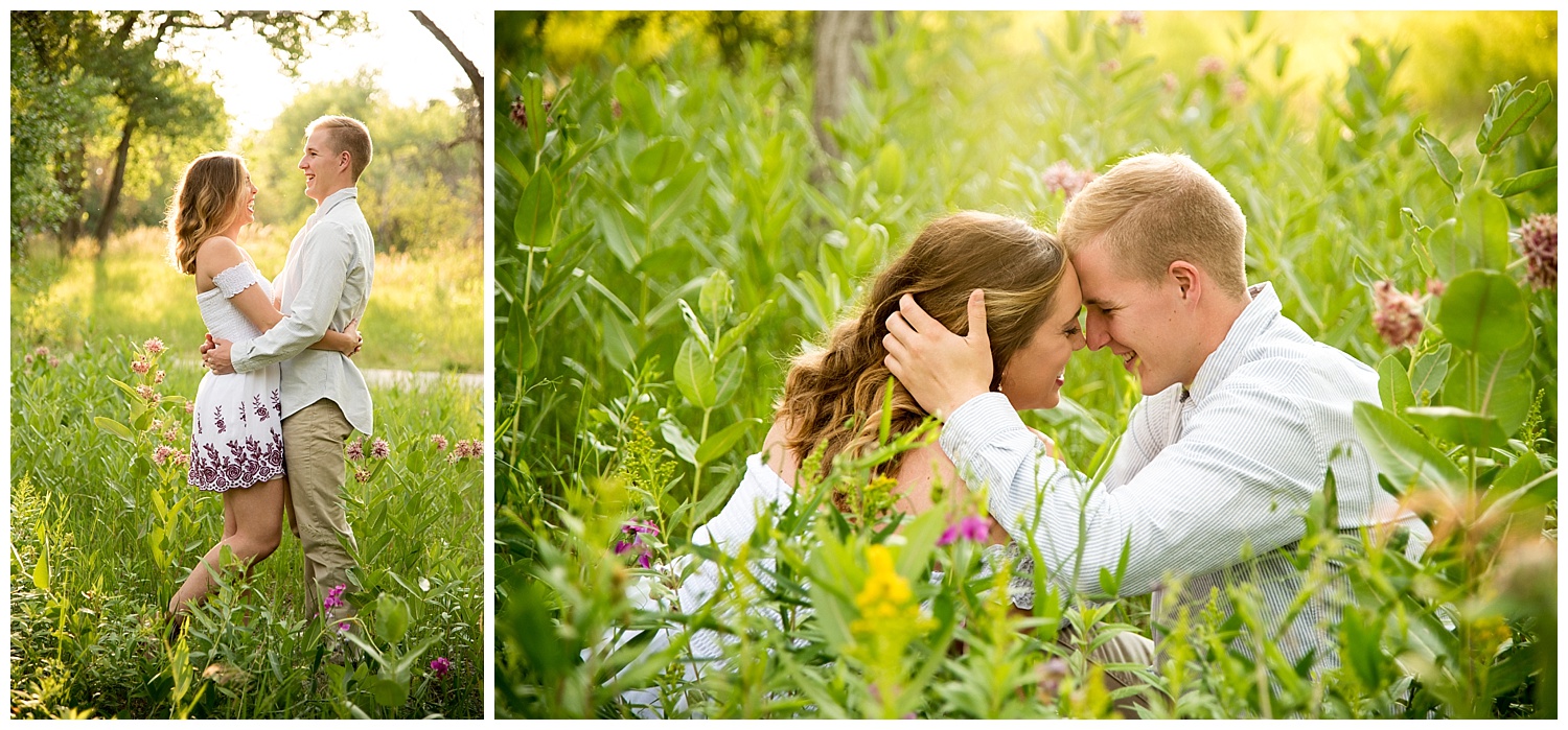Young Couple Embracing in the Sun and Flowers| Allison and Mike's Intimate Engagement Session | Clear Creek Arvada Colorado | Farm Wedding Photographer | Apollo Fields Wedding Photojournalism