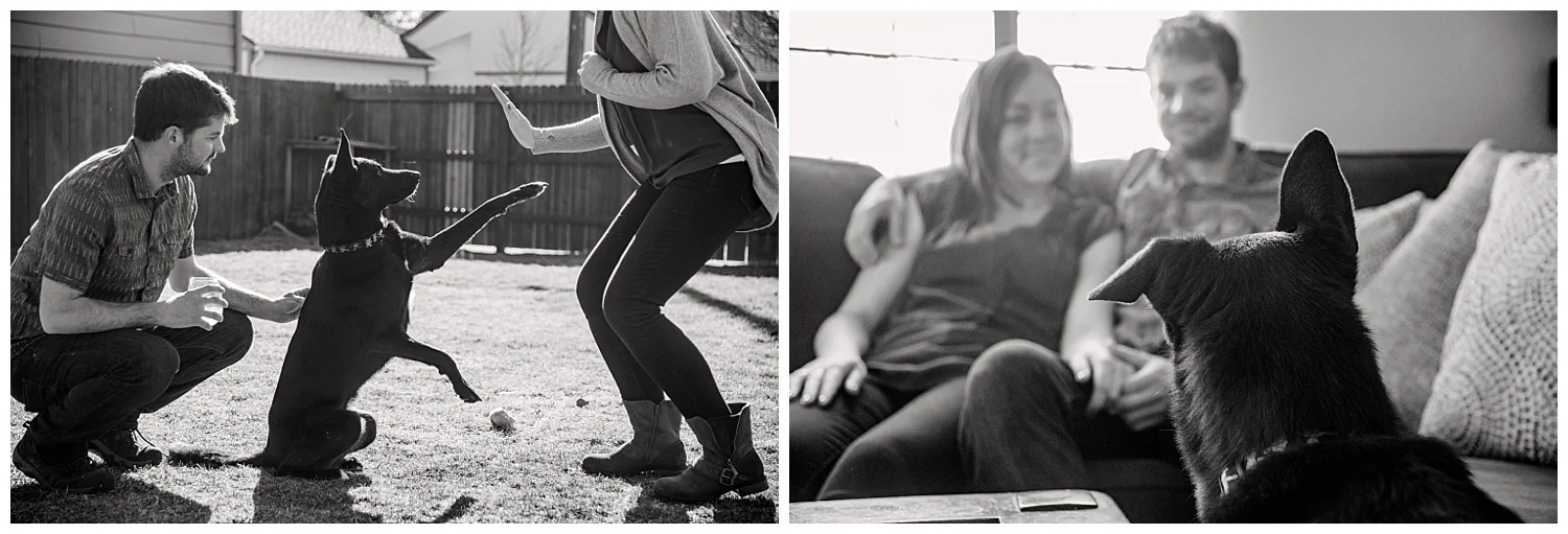 Couple playing with dog in black & white | Kerry and Patrick's intimate in home engagement | Sloans Lake, Colorado Photography | Farm Wedding Photographer | Apollo Fields Wedding Photojournalism