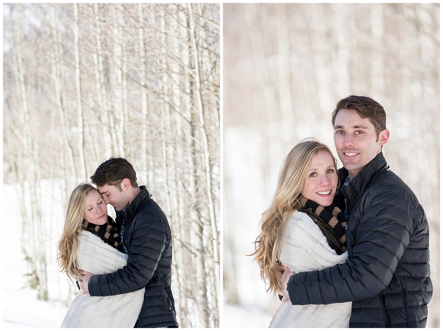 Couple Embracing in the Snow | Lake Dillon Colorado Engagement Photographer | Farm Wedding Photographer | Apollo Fields Wedding Photojournalism 