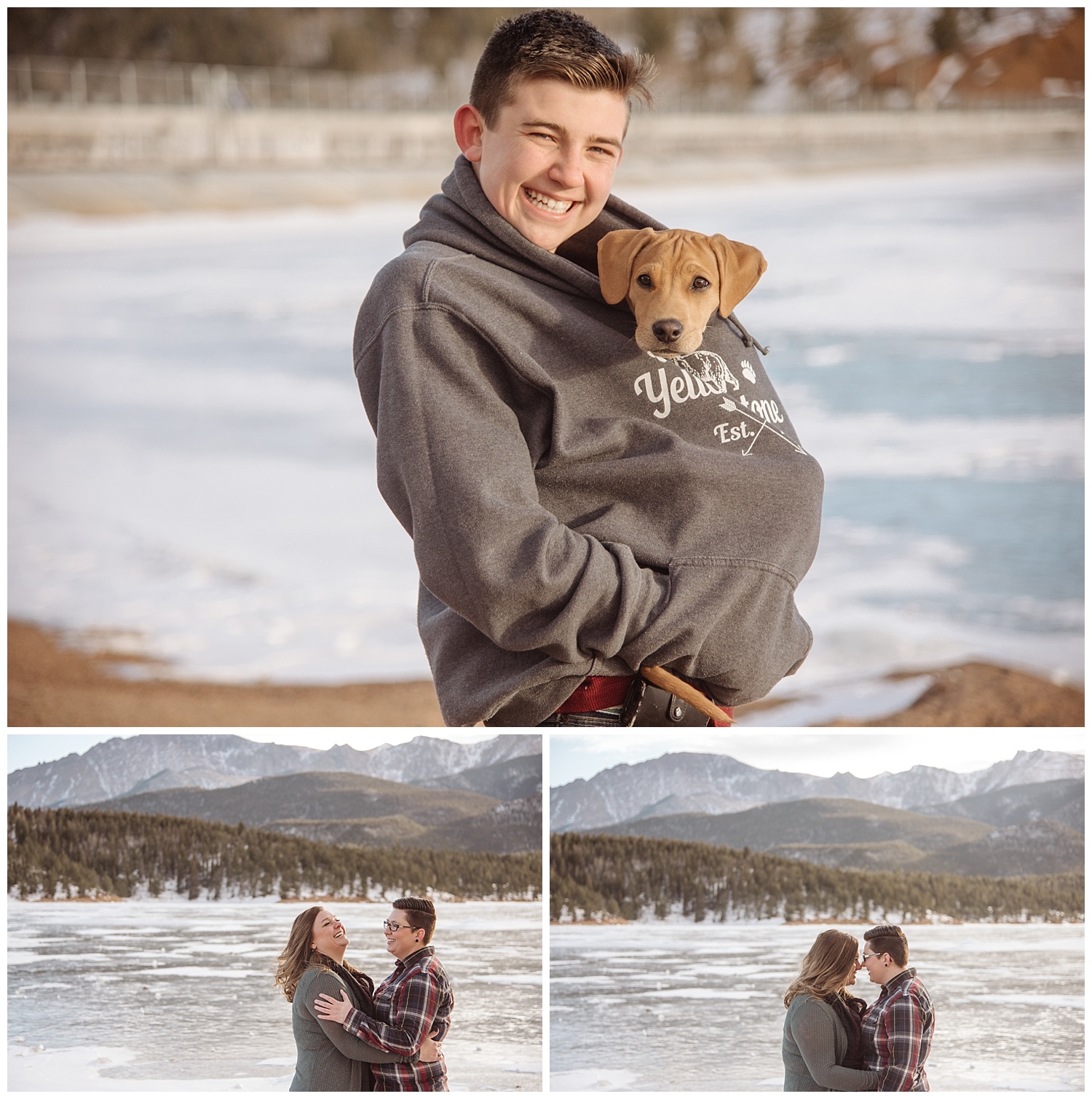 Young Man Holding Puppy in Sweater | Jenny and Tara's Epic Mountain Engagement Session | Pikes Peak, Colorado Photography | Farm Wedding Photographer | Apollo Fields Wedding Photojournalism