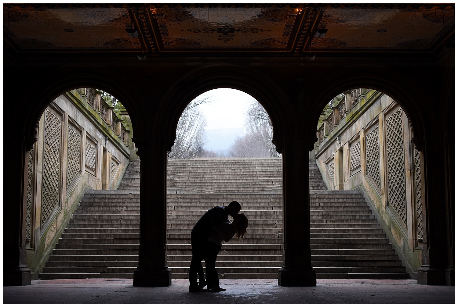 Silhouettes Kissing | Central Park Engagement Photographer | Bethesda Fountain Photography | Farm Wedding Photographer | Apollo Fields Wedding Photojournalism