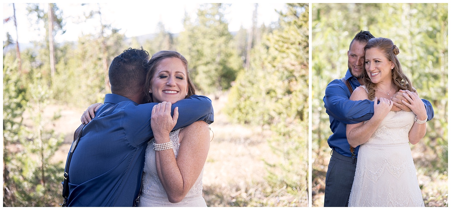 Groom Embracing Bride | Carolyn and Shawn's Wild Horse Inn Wedding at Devil's Thumb Ranch | Fraser Colorado Photography | Farm Wedding Photographer | Apollo Fields Wedding Photojournalism
