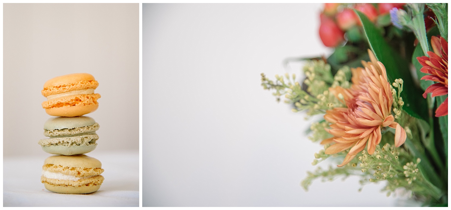 Close up of Macaroons & Flowers | Lindsey and Jeff's Intimate Wedding at Grant Humphrey's Mansion | Denver Colorado Photographer | Farm Wedding Photographer | Apollo Fields Photojournalism