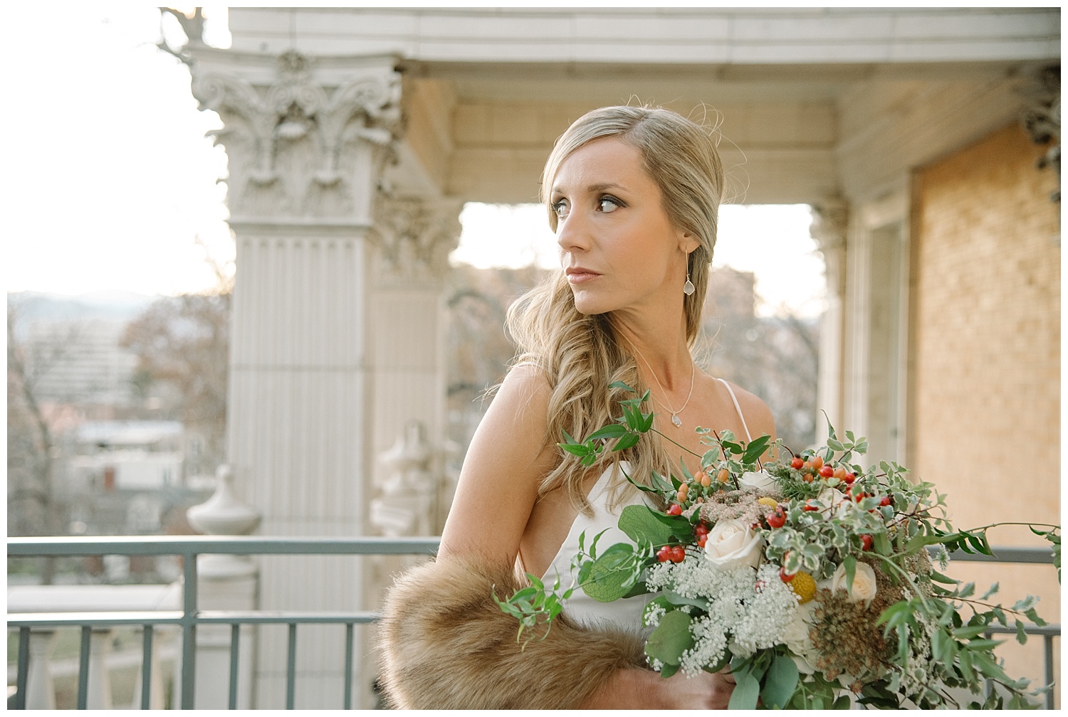 Bride Looking Away with Bouquet | Lindsey and Jeff's Intimate Wedding at Grant Humphrey's Mansion | Denver Colorado Photographer | Farm Wedding Photographer | Apollo Fields Wedding Photojournalism